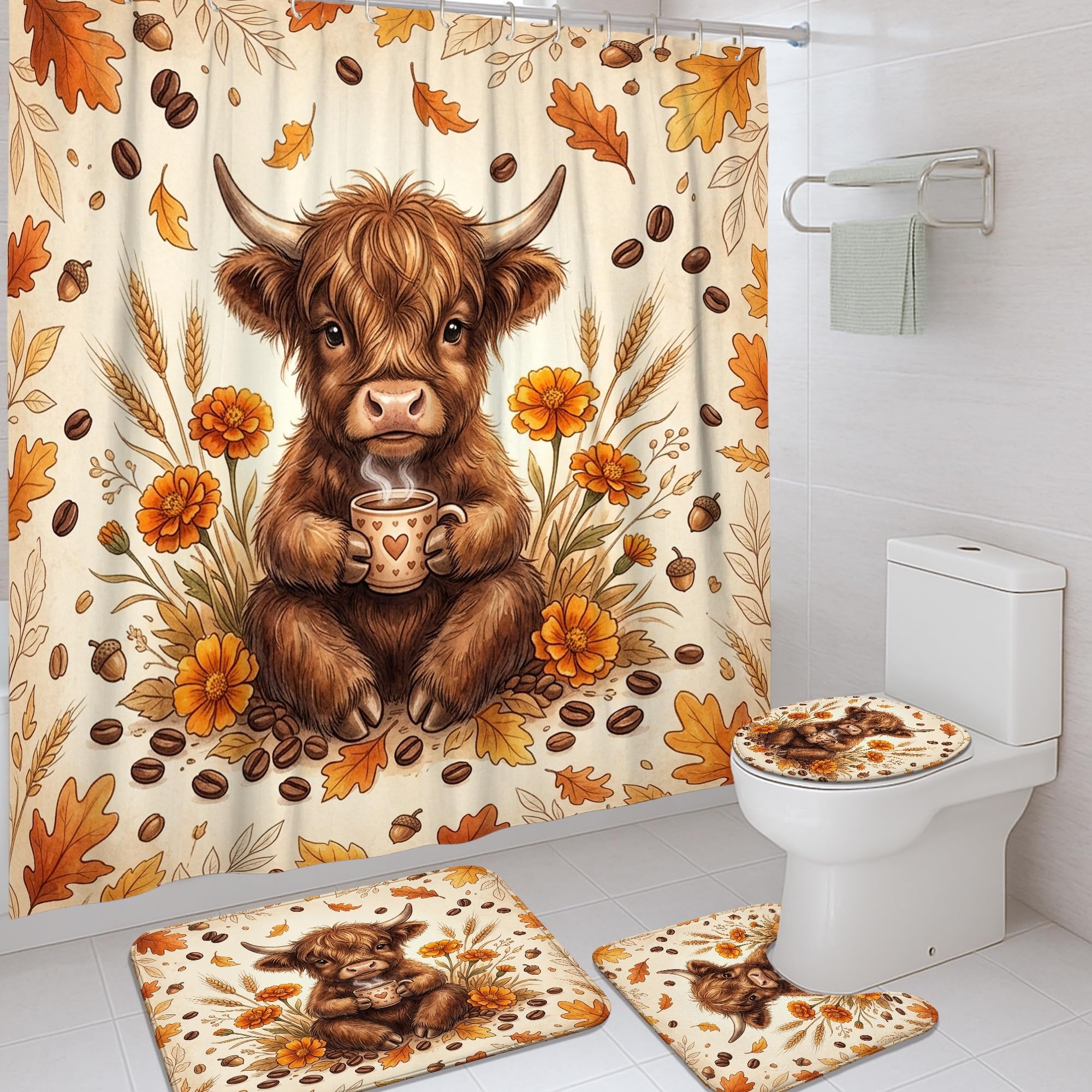 Rideau de douche vache des Highlands 183x183 avec tapis