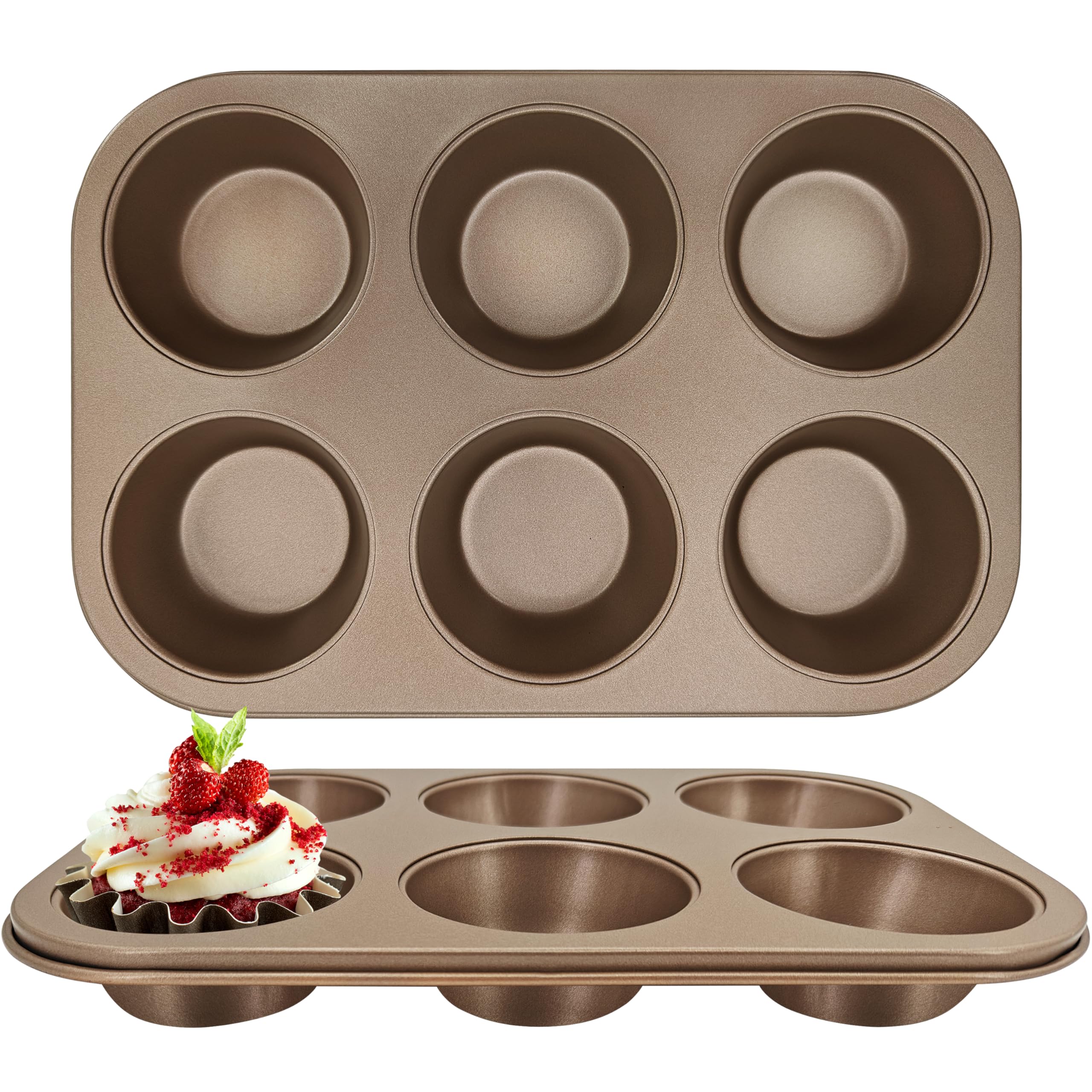 Satax Muffin Pan for Baking, Nonstick Cupcake Tin 6 Cup,sets of 2,Heavy Duty Steel Muffin Pan (Gold, 6-cup)