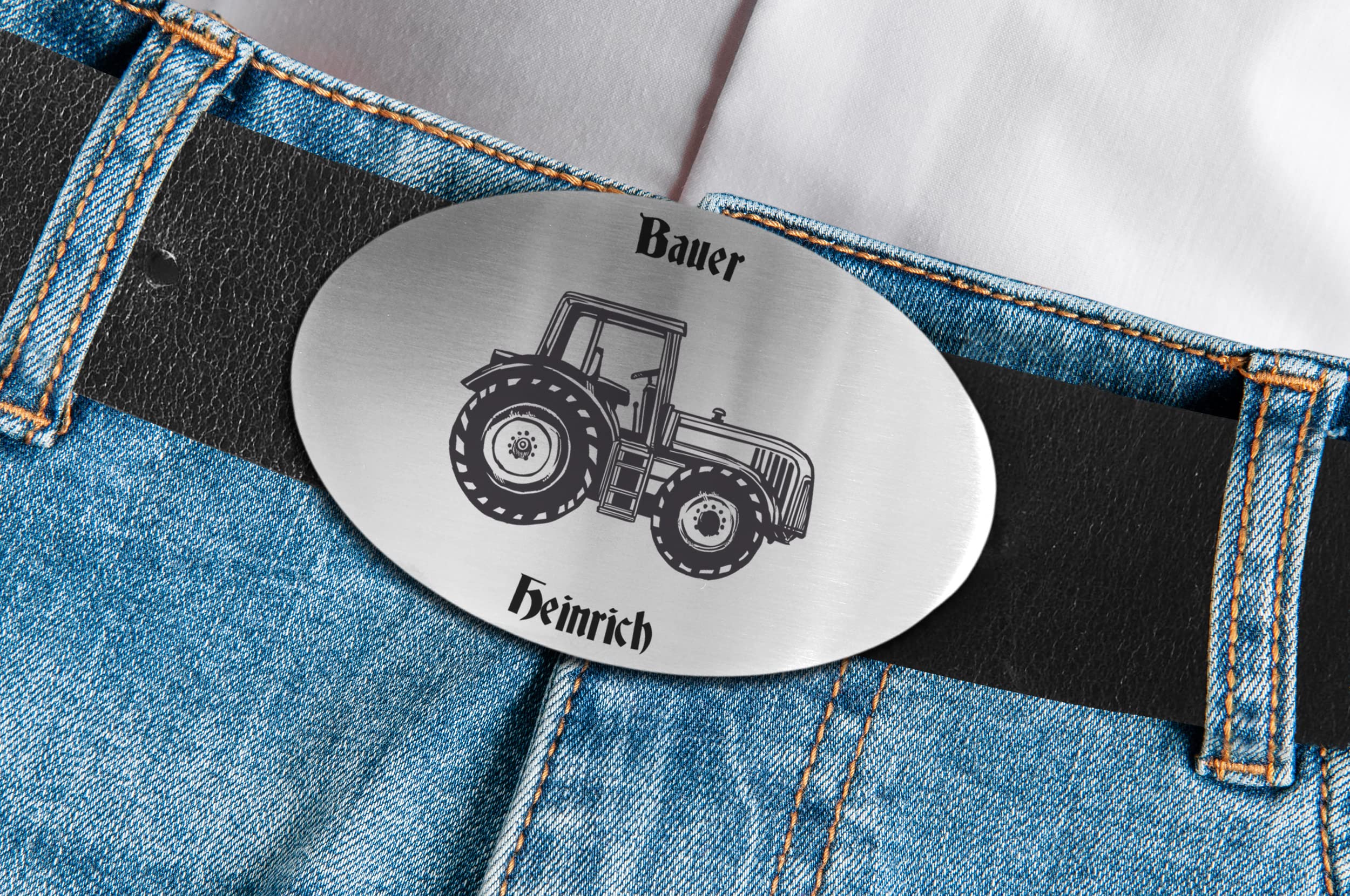 Ledergürtel mit ovaler Gürtelschnalle Traktor und Wunschgravur personalisiert Dein Text Name Landwirt Bauer Trecker Gürtel Geschenk Bulldog (L (Länge 120 cm))