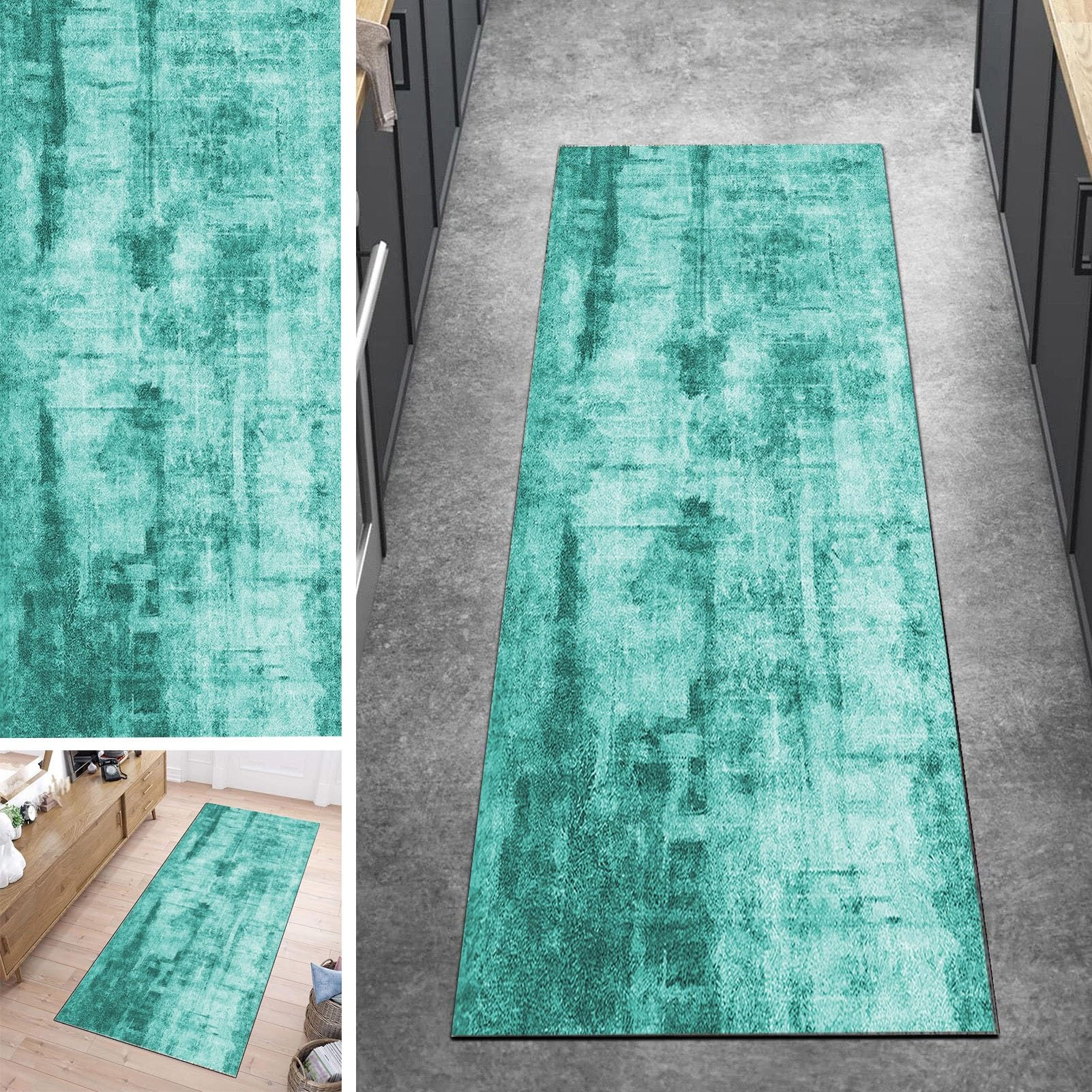 Tapis de couloir vert moderne anti-glisse et lavable contre les taches