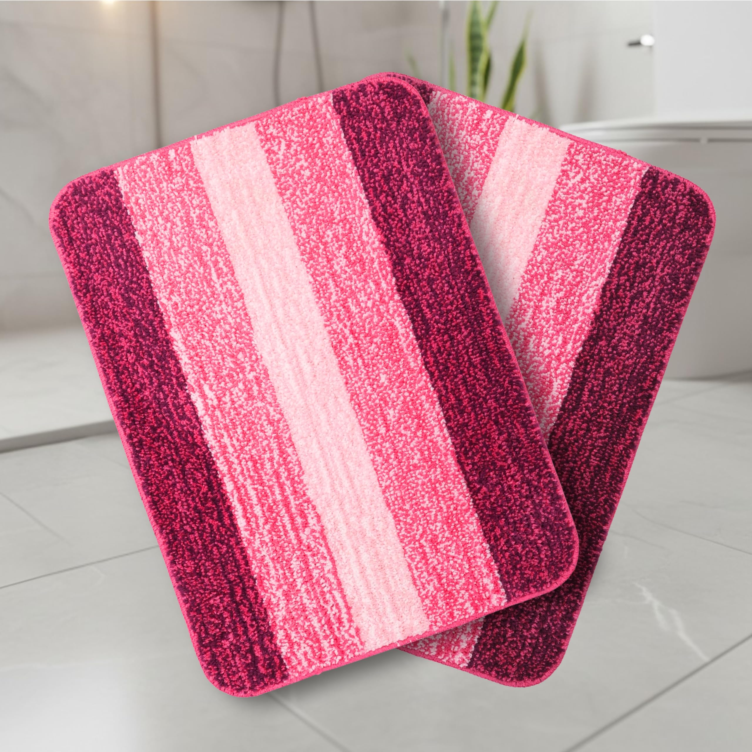 Saral Home Microfiber Striped Rectangle Shaped Anti-Skid Bath Mats | Soft & Super Absorbent Mats for Shower | Washable, Non-Slip & Quick-Drying Mats, 50X70 CM | Pack of 2 (Pink)