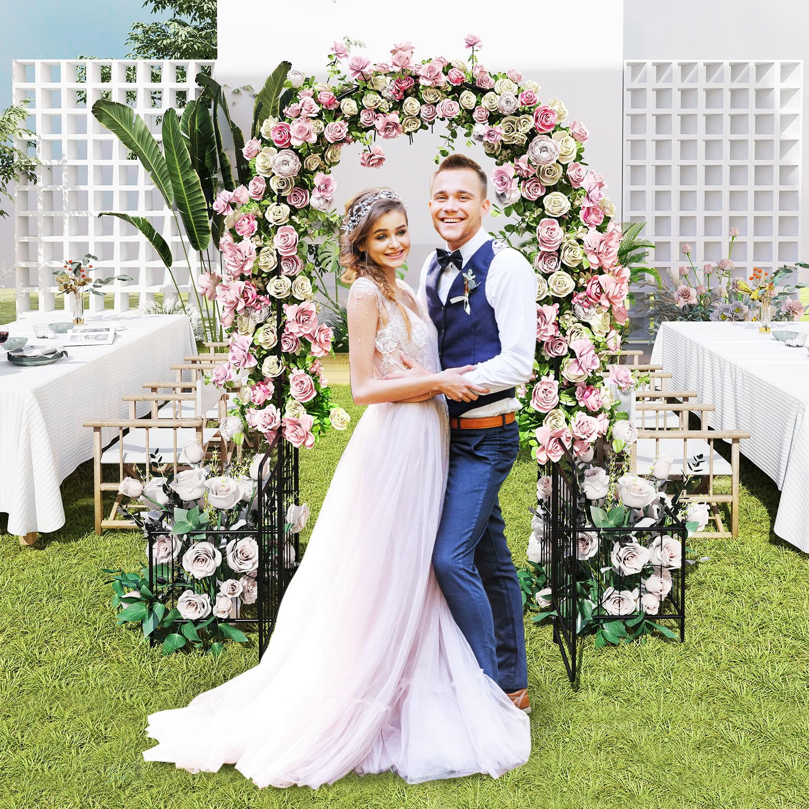 COSTWAY Arco da Giardino, Pergolato in Metallo con Cancello Bloccabile e Fioriere Laterali, Arco per Piante Rampicanti e Viti da Uva, Decorazione per Cerimonia Matrimoniali