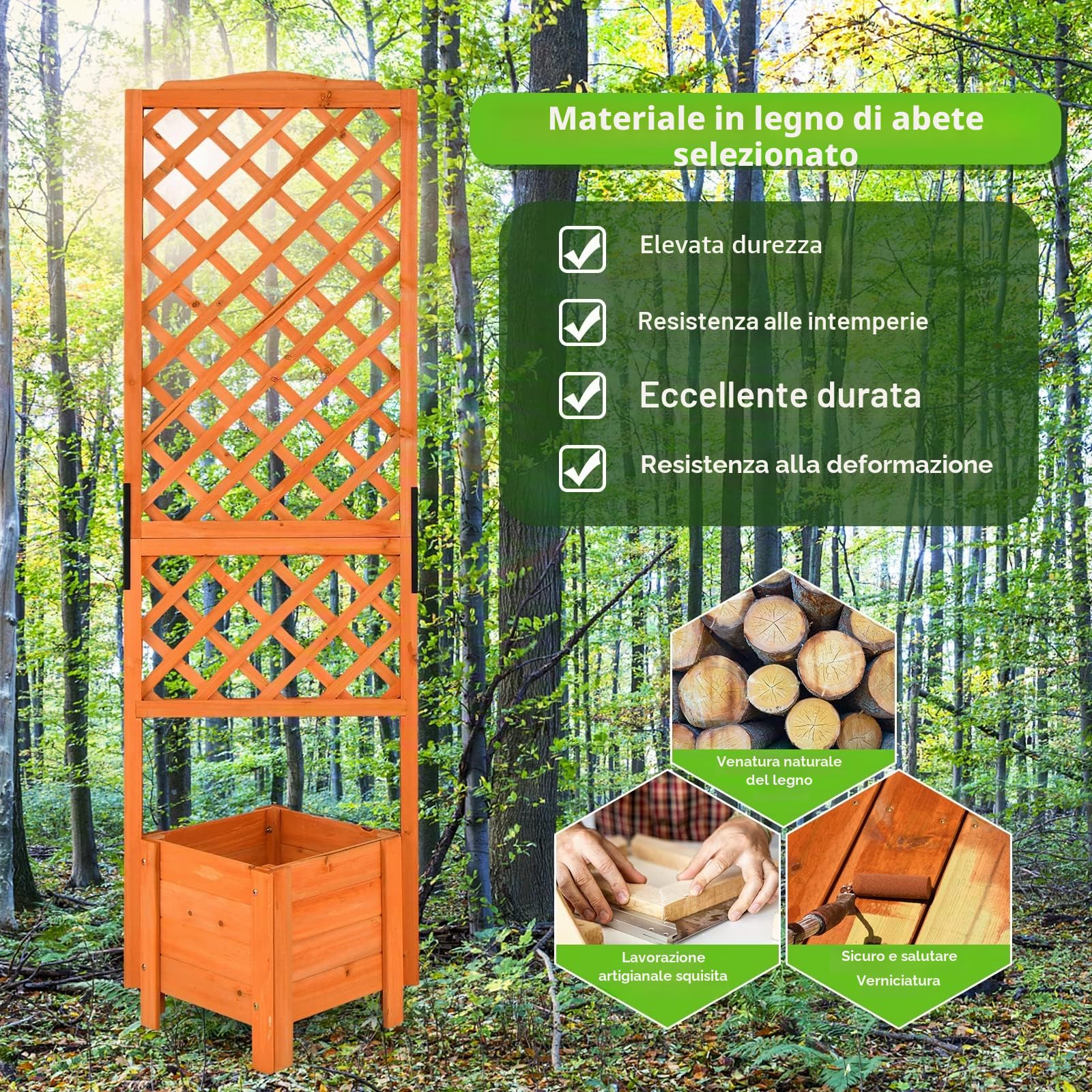 HOMASIS Fioriera con traliccio, 180 cm, in legno, con traliccio e foro di drenaggio, aiuola da giardino per piante rampicanti, fioriera per balcone, giardino, terrazza, arancione, QD3921YBDE