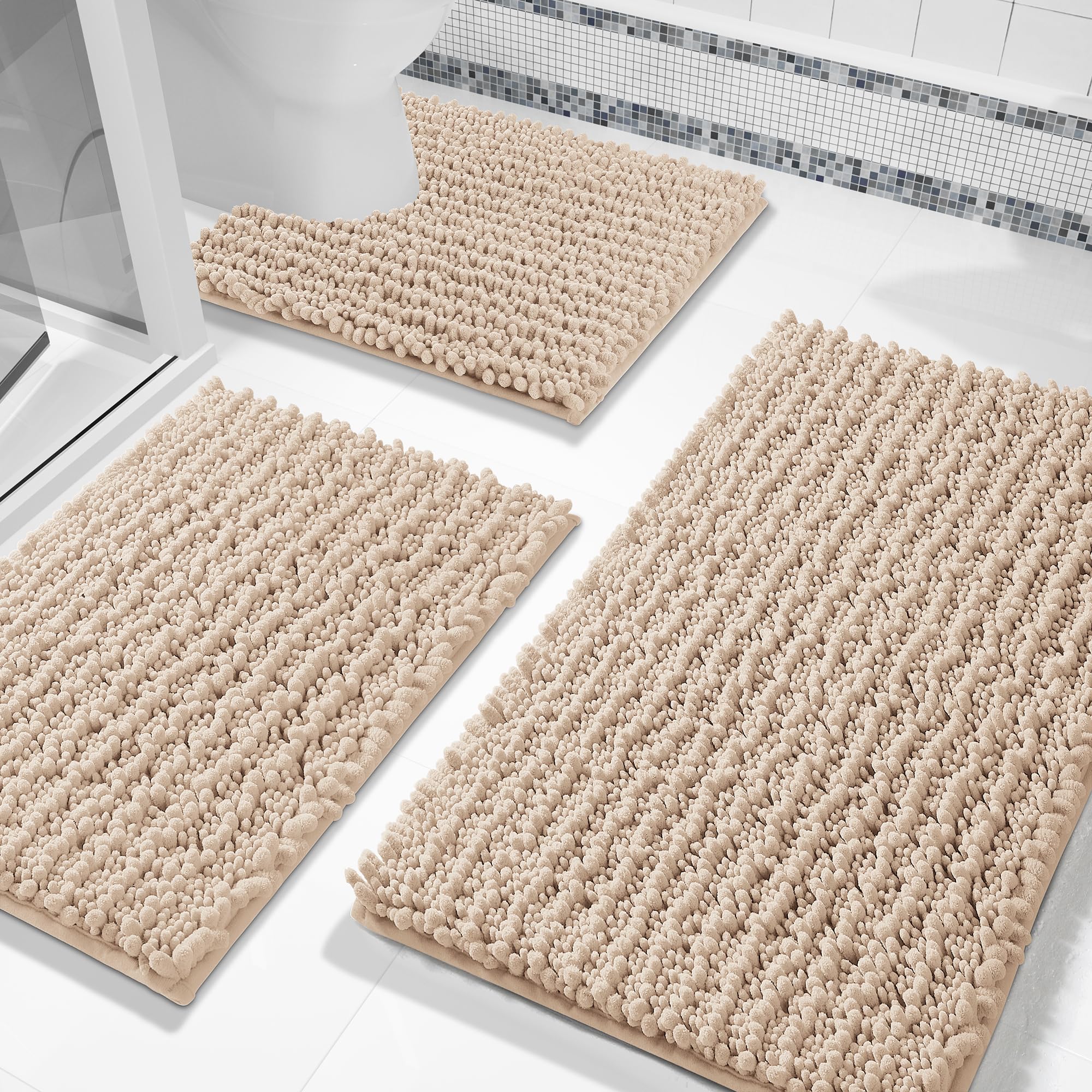 Yimobra Juego de alfombras de baño de 3 piezas, juego de tapetes de felpilla de felpa esponjosa con tapete para inodoro en forma de U, suave, esponjoso, absorbente, antideslizante, para lavabo,