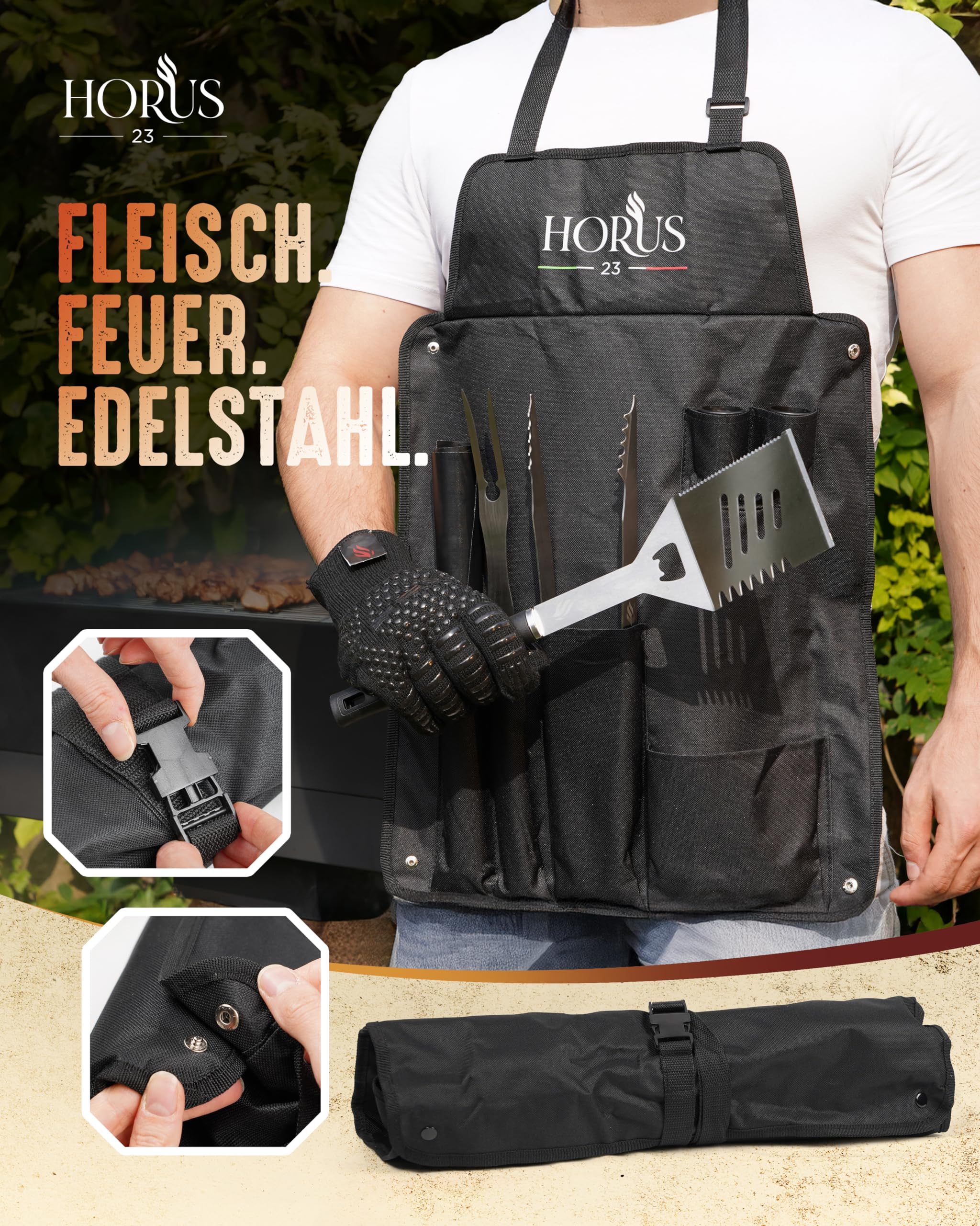 HORUS 23® – Grill Set mit Grill Zubehör aus Edelstahl, Oxford-Schürze, Hitzeschutzhandschuh und Grillmatte - Geschenke für Männer Grillen