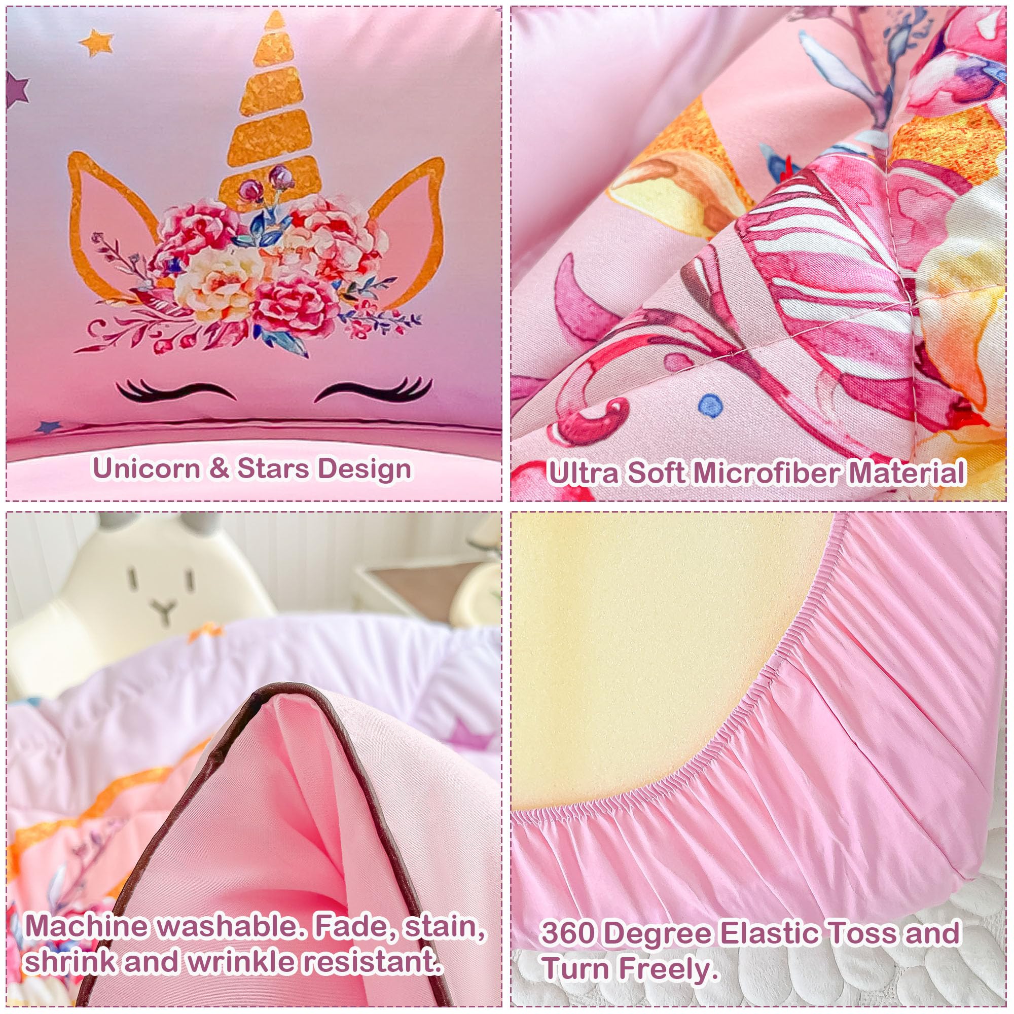 4 Piece Toddler Bedding Set for Girls Pink Unicorn Stars Toddler