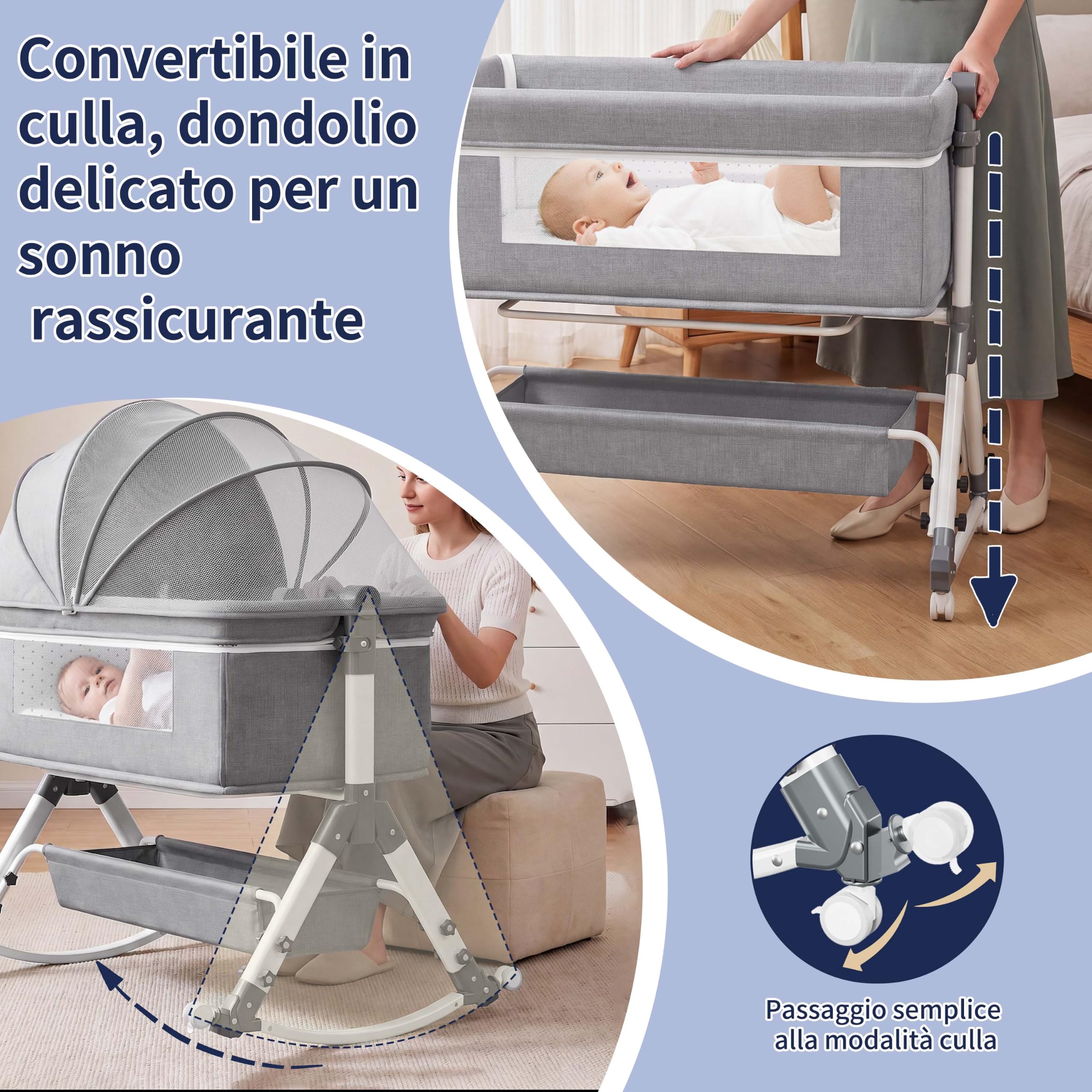 5-in-1 neonato culla neonato, Culla Co-Sleeping, Ruote con Blocco e Dondolo, Parete aperta rete traspirata， Zanzariera, Materasso e Borsa inclusi (Grigio G1)