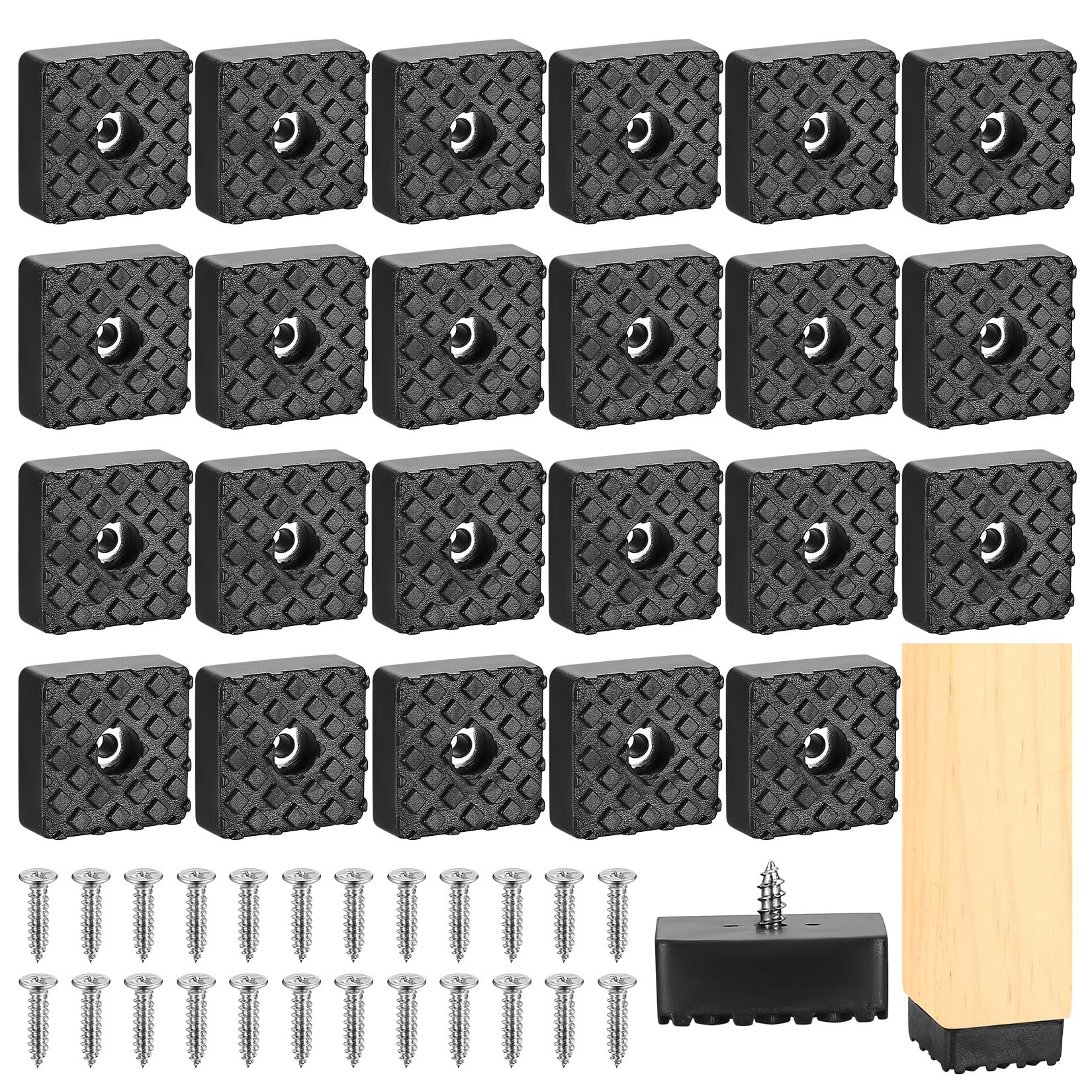 24 Pcs Rubber Feet for Garden Furniture Feet Protectors, Non-Slip Square Furniture Pads with Screws, Black Floor Protector Pads, Rubber Feet for Table Legs Desk Chair Feet Sofa Legs, 30x30mm