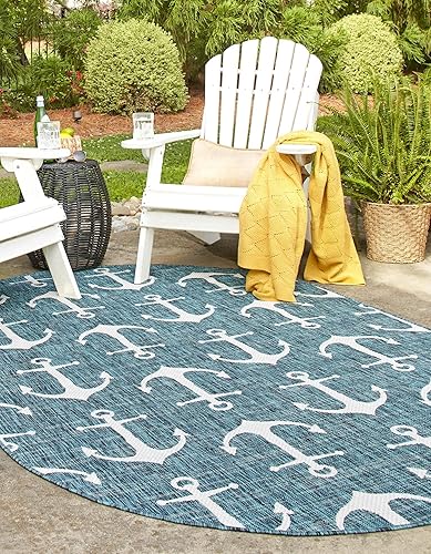 Unique Loom - Alfombra ovalada de la colección Outdoor Coastal, estilo Ahoy (3 pies 3 pulgadas x 5 pies 3 pulgadas, verde azuladomarfil)