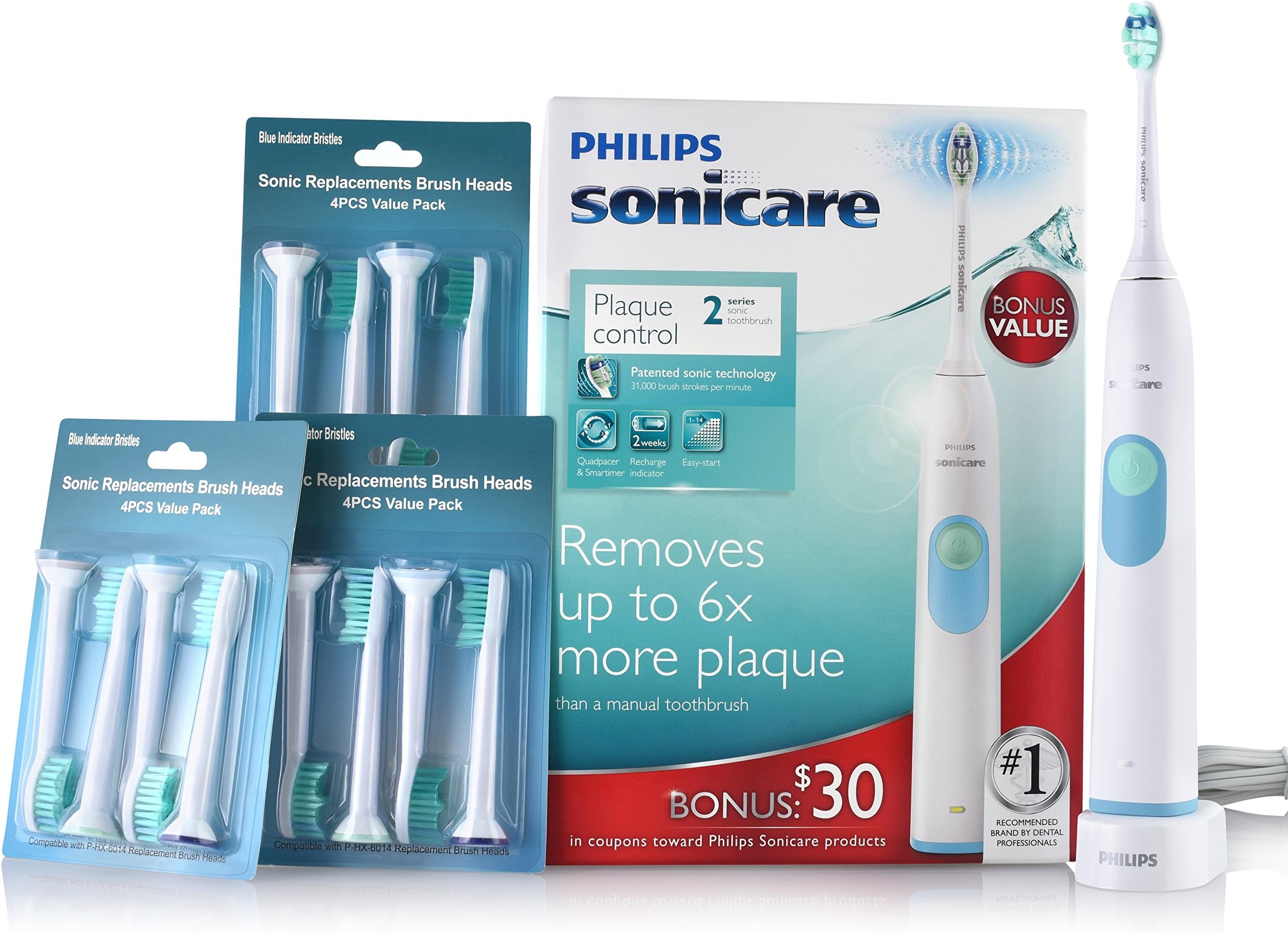 Philips Sonicare 2 Series Plaque Control Rechargeable Toothbrush HX6211/04 with 3 Packs Replacement Brush Heads HX6014 ProResults Compatible with Philips Sonicare Electric Toothbrush. Bundle: 4 Items