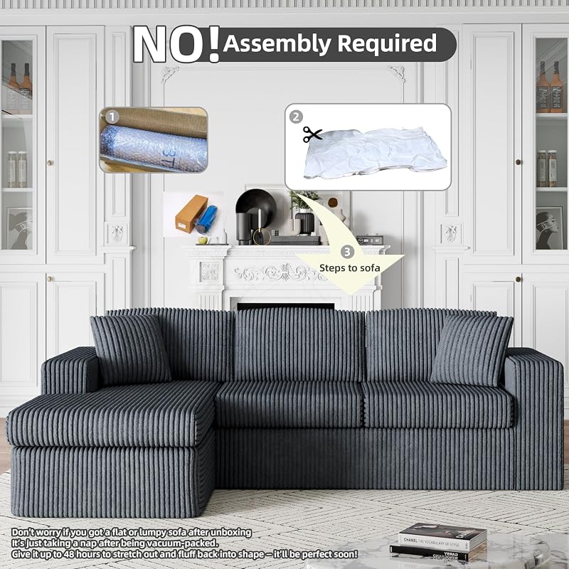 Shintenchi 105" Boneless Couches for Living Room,L Shaped Modular Sectional Sofa Set,No Assembly Needed Plush Corduroy Living Room Set,Dark Gray image 3