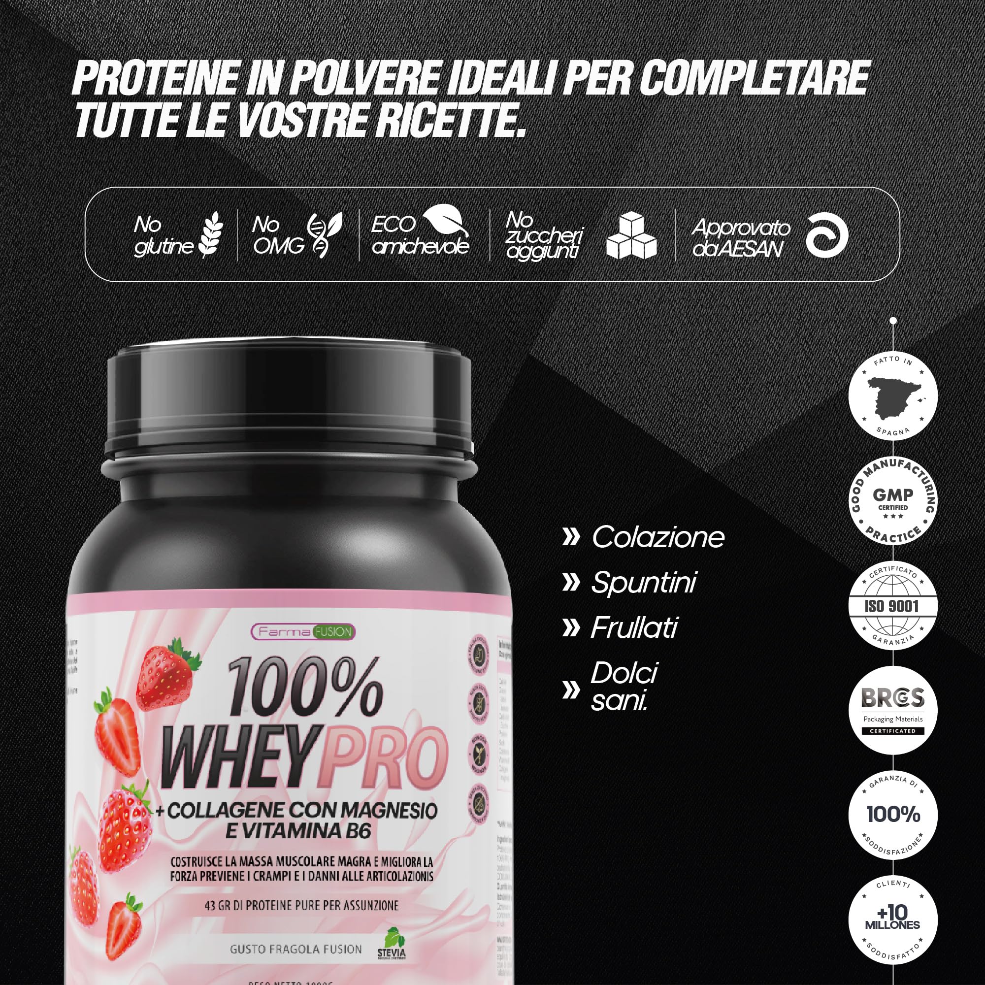 FARMAFUSION Proteine del Siero del Latte | Con Collagene e Magnesio | 43 Grammi di Proteine pure per dose | Aumenta la massa muscolare | Protegge e lubrifica le articolazioni, 1000 g Fragola