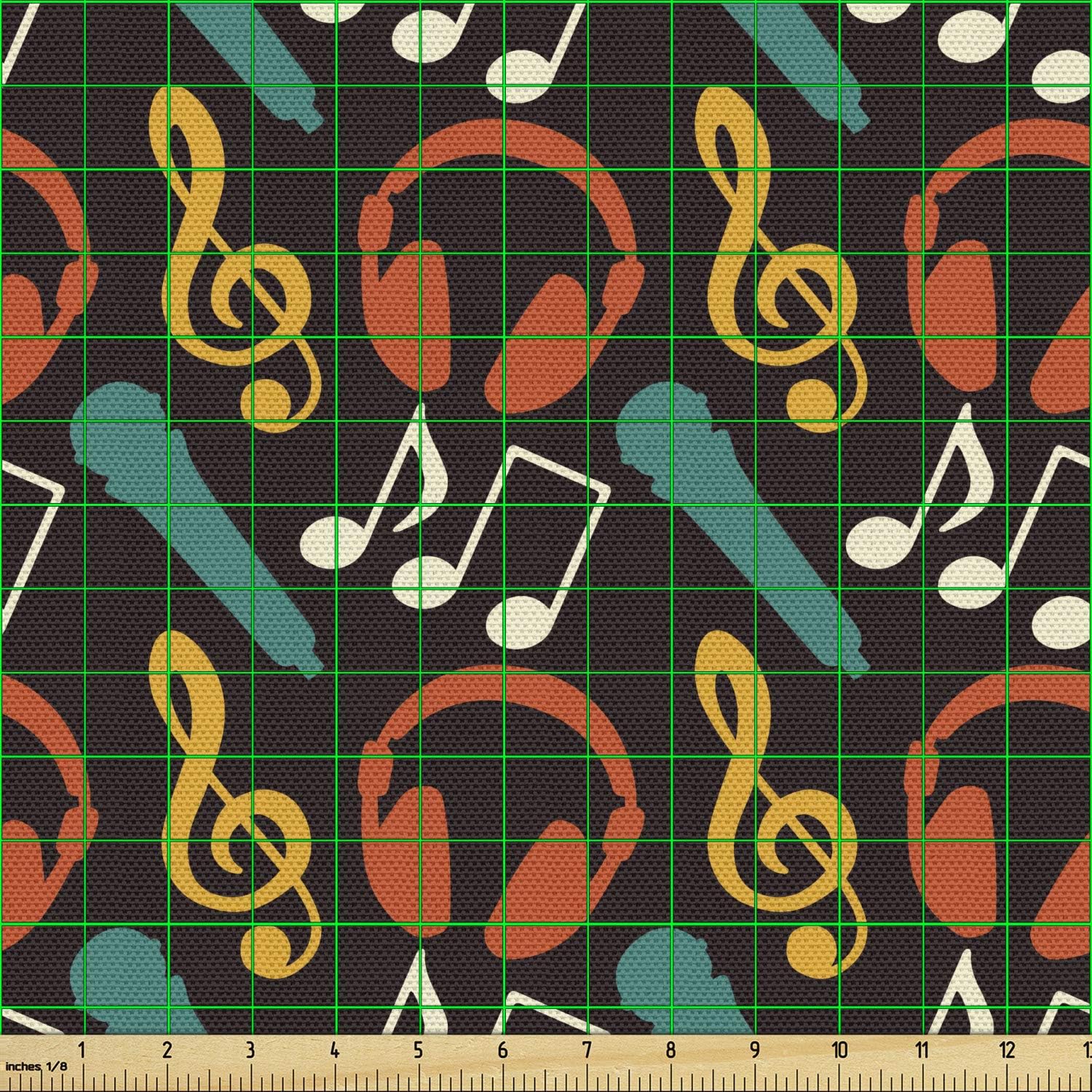 Ambesonne Music Fabric by The Yard, Notes and DJ Headphones Pop Art Style Retro Sound Melody Rhythm Pitch Beats Graphic, Decorative Fabric for Upholstery and Home Accents, 2 Yards, Multicolor