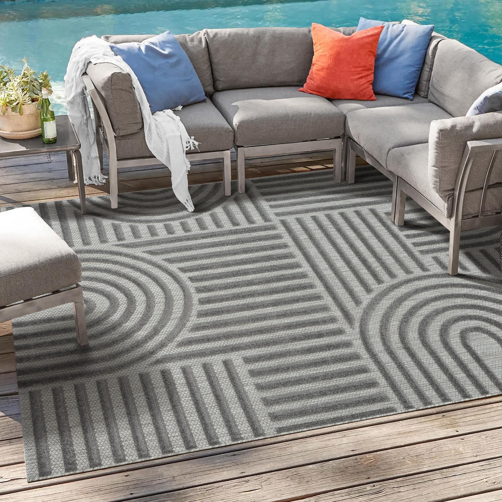 SANAT Outdoor tapijt, weerbestendig, tapijt voor binnen en buiten, balkontapijt, waterafstotend, tapijten voor terras, tuin, keuken, badkamer, Berlin_9000_Gray_120x170
