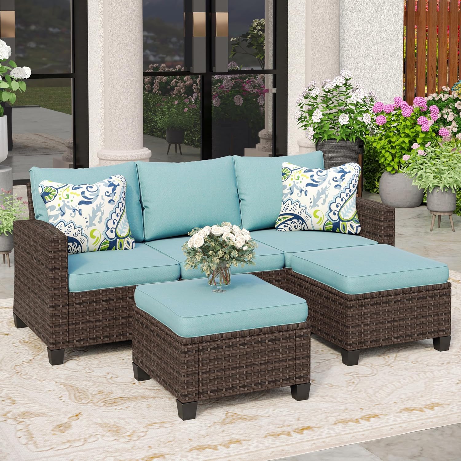 SUNSHINE VALLEY L-Shaped Outdoor Furniture Set, 5-Seat Couch with 2 Ottomans, Durable Rattan Sofa for Small Patios, Modular All-Weather Use, Blue