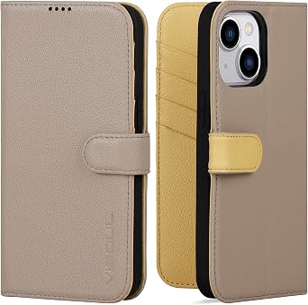 VIOSUL Leather Case for iPhone 15 Plus, Genuine Pebbled Leather Wallet Phone Case with Card Holder Kickstand Magnetic Flip Folio Cover Compatible with iPhone 15 Plus 6.7" Apricot+Lemon Yellow