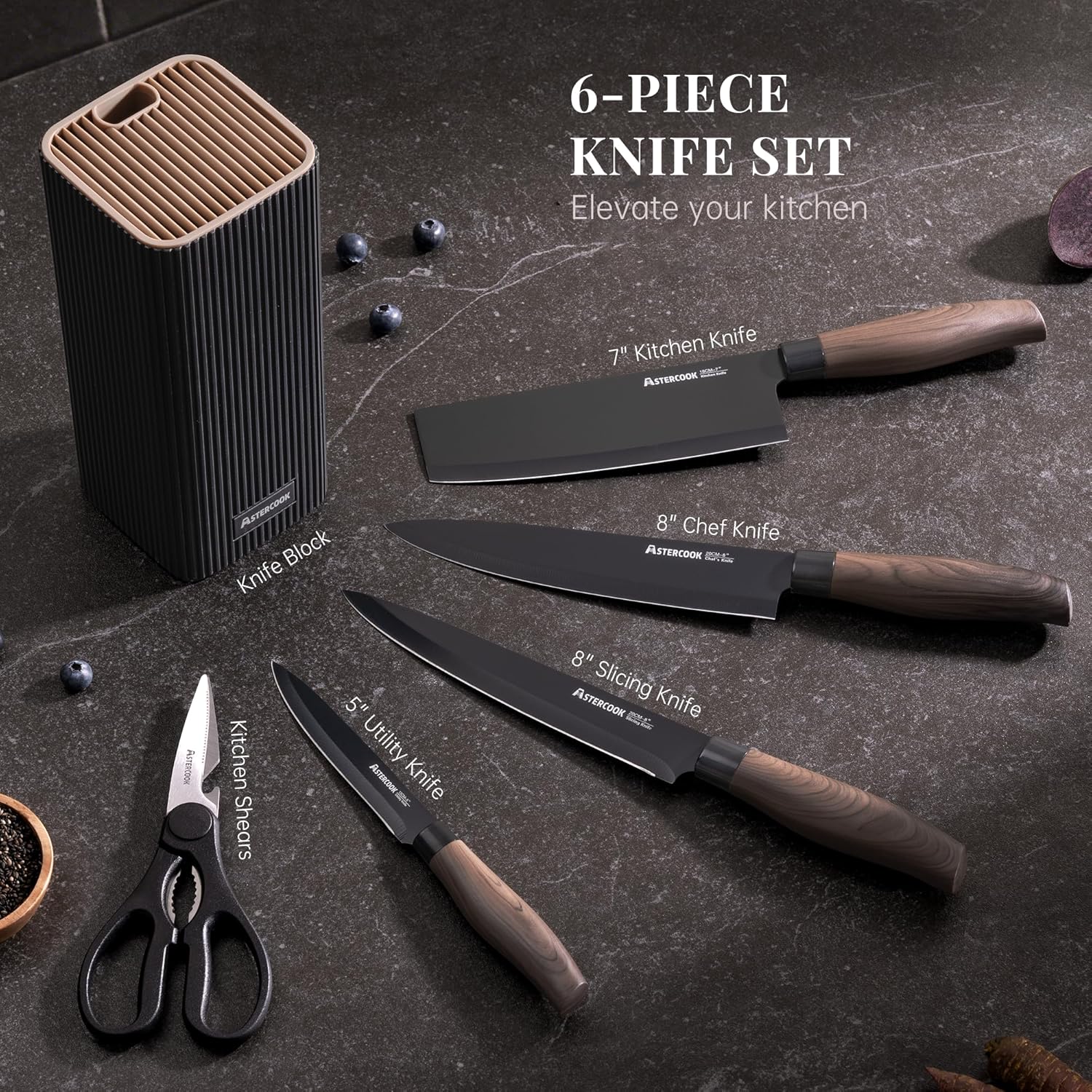 Astercook Knife Set, 6-Piece Kitchen Knife Set with Block, High Carbon Stainless Steel Ultra Sharp Kitchen Knives, Wood Grain Handle, Dishwasher Safe Knife Block Set, Black