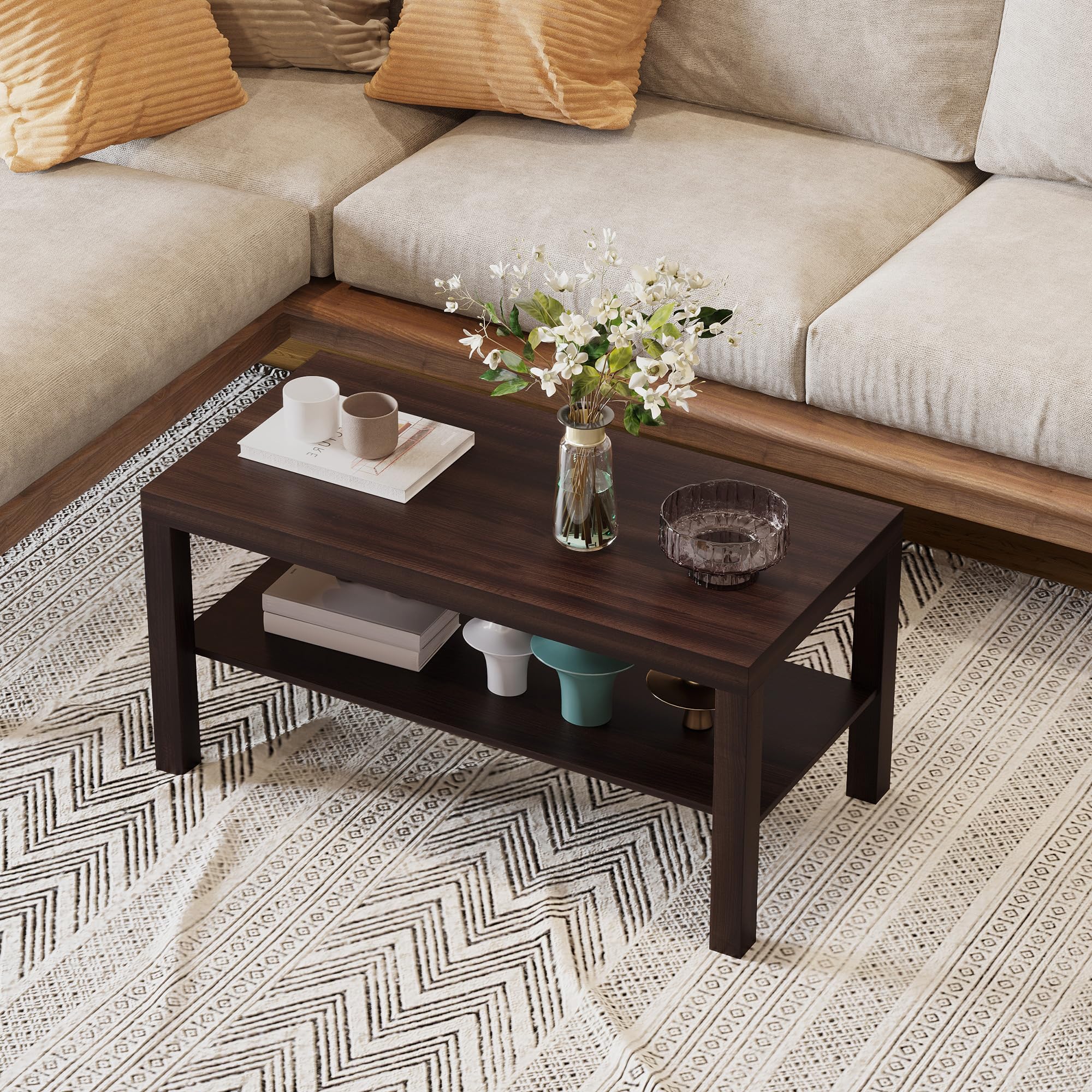 HOMCOM Mesa de Centro, Mesa de Café para Salón con Estante Abierto, Tablero Grueso, para Sala de Estar, Comedor, Oficina, 90x45x44,5 cm, Nogal