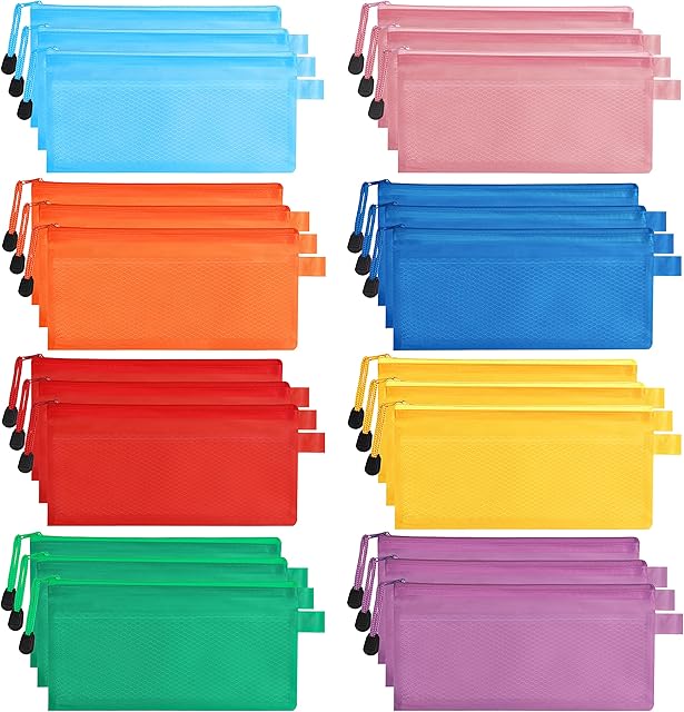 Belle Vous Plastic Mesh Zipper Pouches (24 Pack) - Document Zip File Bags/Folders (8 Colours) - Waterproof Wallets for Travel Accessories, Cosmetics, School/Office, Pens/Pencils, or Bill Bag