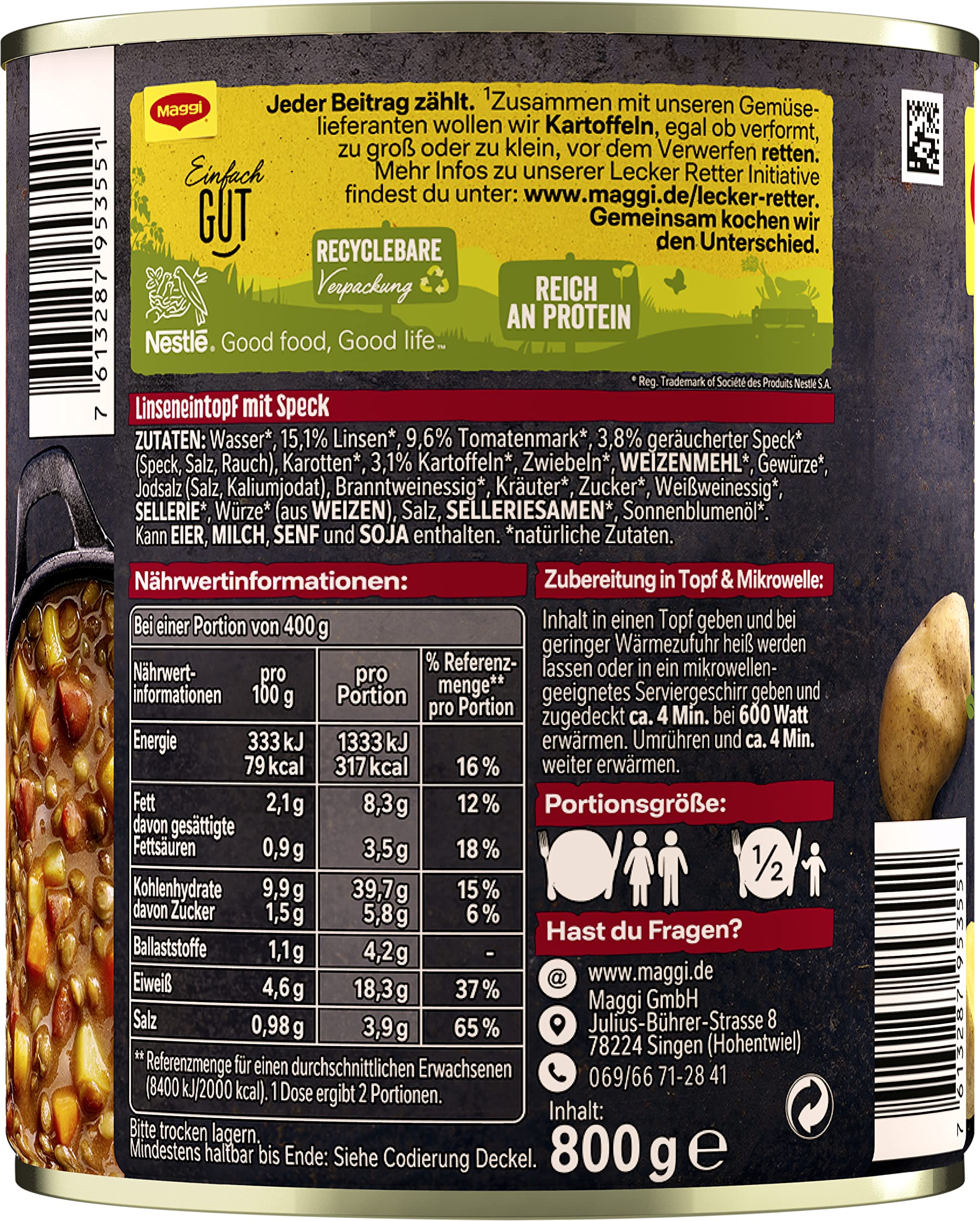 MAGGI Linsen Eintopf mit Speck, Fertiggericht für Topf & Mikrowelle, 6er Pack (6 x 800g)