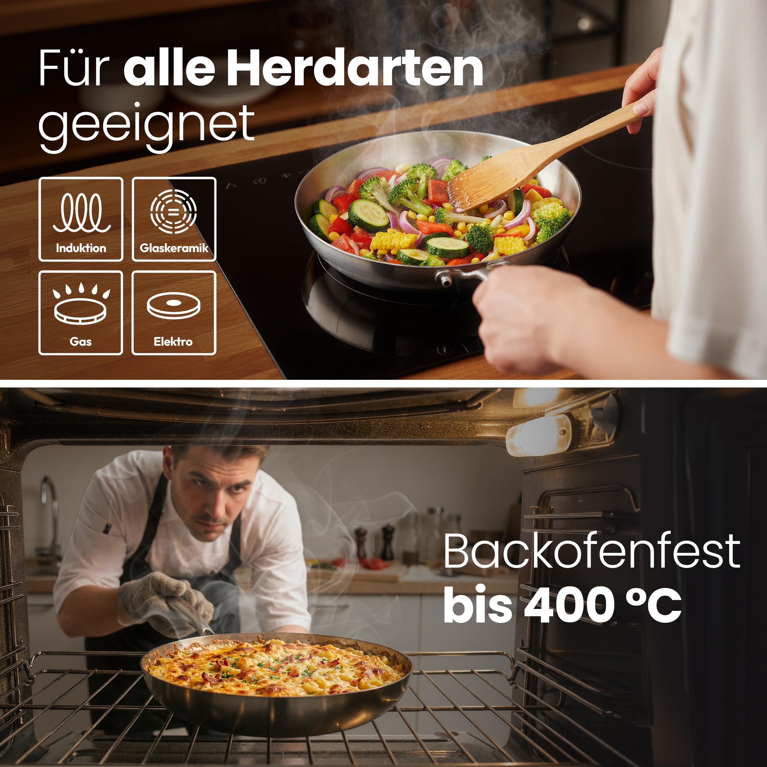 Edelstahlpfanne Unbeschichtet - Induktion - Profi Bratpfanne 24cm - Perfekt als Steakpfanne & Pastapfanne ohne Beschichtung - Brat- Universalpfanne frei von PFOA, PTFE & PFAS - Ofenfest