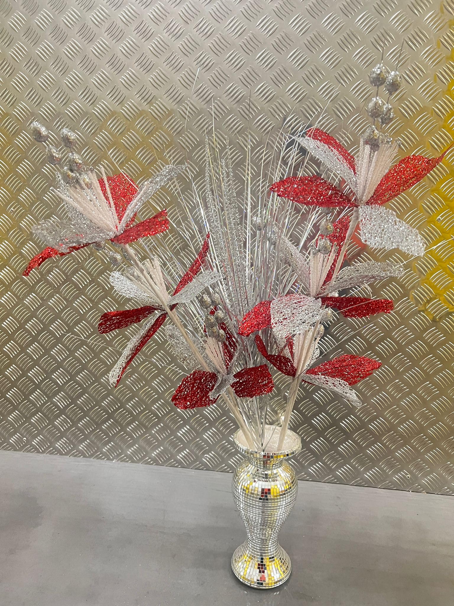 JAYOGLA Artificial Bloomer Flower Ornament Glitter Flowers for vase home decoration, Bunch Of Artificial Flowers (Silver With Red)