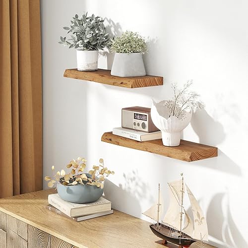 Miniatura 6 de Estantes flotantes de 24 pulgadas, estante flotante de madera maciza de olmo con borde vivo, estantes de exhibición montados en la pared con soporte