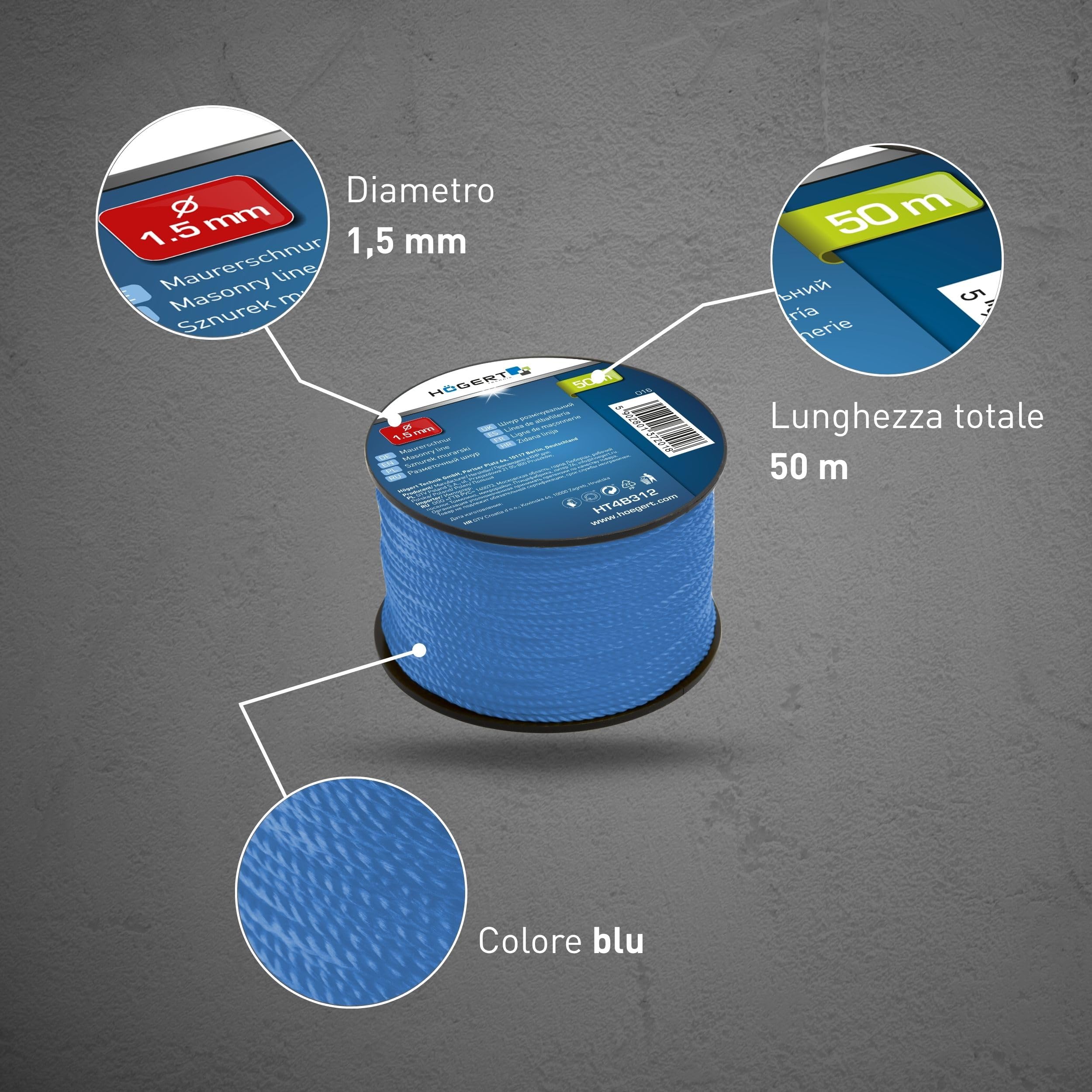 Högert Technik - Filo per muratura 50 m - Filo da muratura blu - Ø 1,5 mm - Resistente agli strappi e carico - Su bobina/corda/cordicella/cordicella/filo per pavimentazione