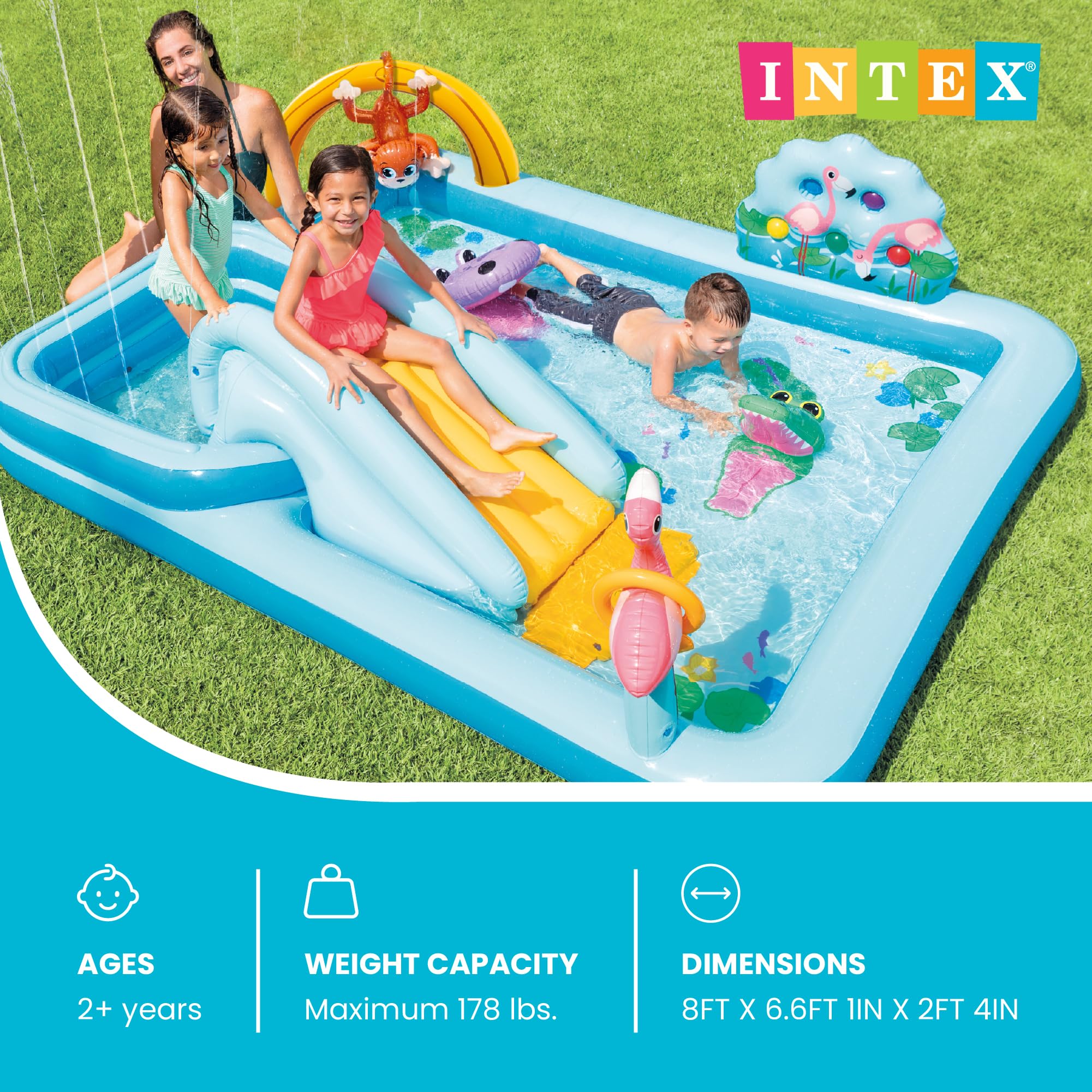 Intex 96" x 78" x 28" Inflatable Jungle Adventure Play Center Spray Kiddie Pool - Backyard Kids Water Slide, Outdoor Blow-Up Splash Pad for Toddlers - 2