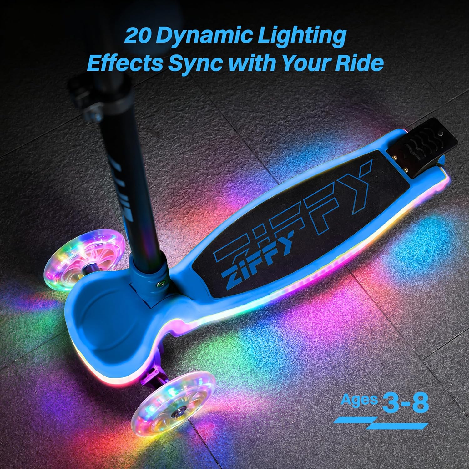 ZIFFY Light-Up Toddler Scooters for Kids 3-8, 3 Wheel Kids Scooter for Boy Girl 110lbs, 20 Dynamic LED Lights, 4 Adjustable Height Ride-on Kick Scooter, Lean-to-Steer Anti-Slip Wide Deck by JOVA - Image 2