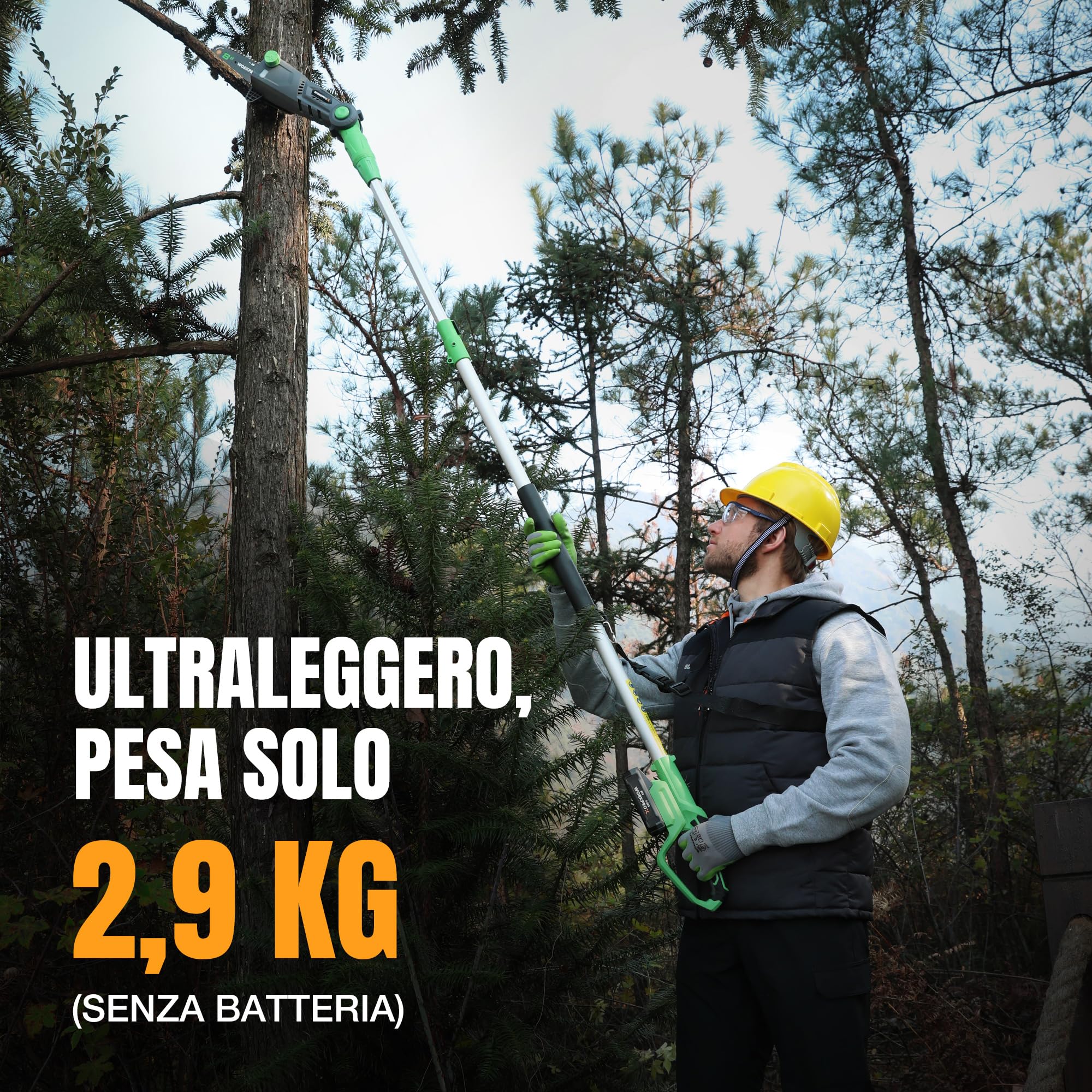 WORKPROX Potatore Telescopico su Asta 20V per la Potatura di Rami Alti, Motosega a Batteria 4,0Ah, Estensione fino a 4,5 m, Lama da 20 cm, Angolazione Regolabile, Lubrificazione Automatica