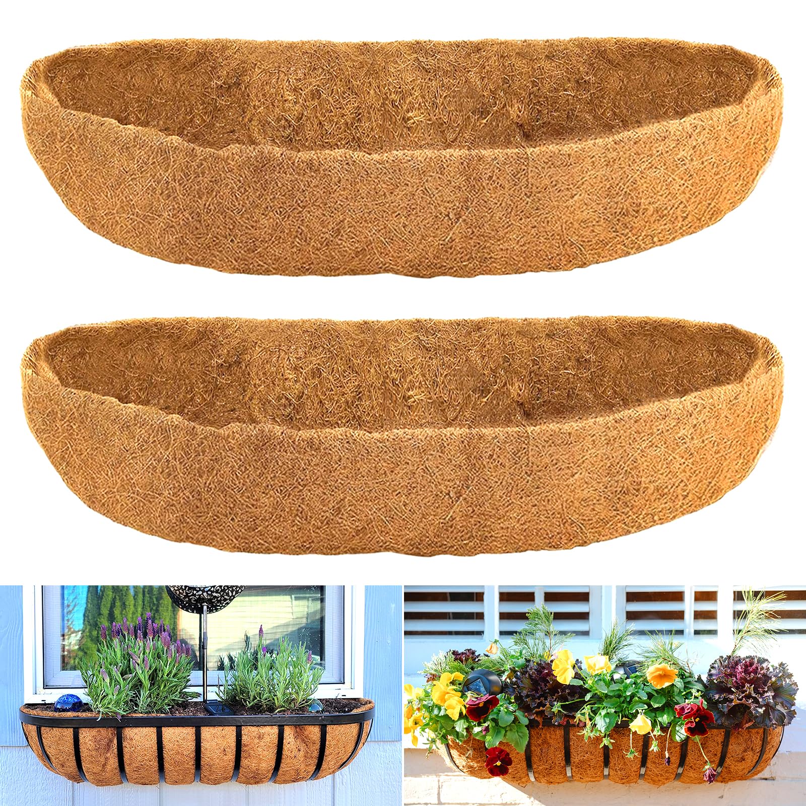 Coco Liners for Planters - 2 Pack 24 Inch Trough Coconut Liners for Planters, Window Box Coco Liners, 100% Natural Coconut Fiber Liners for Wall Hanging Basket, Window Box, Fence Baskets