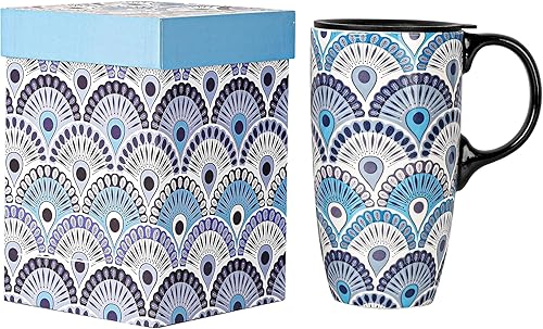 Taza de viaje de café de cerámica de 17 onzas con asa y tapa deslizante resistente a las salpicaduras, taza de arte de té alta de porcelana de gran