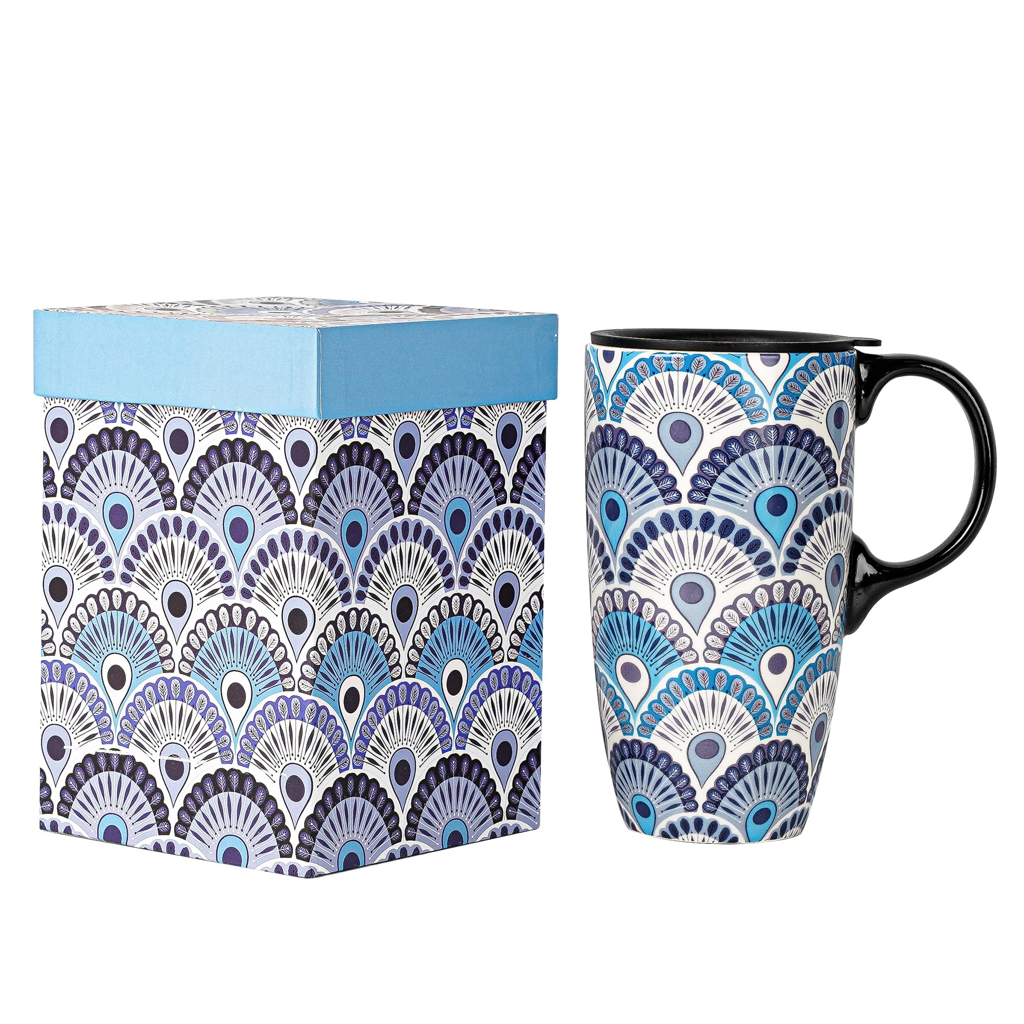 DUSVALLY 17oz Peacock Travel Mug, Spill-Proof Ceramic Coffee Cup with Secure Lid, Ideal for Office Commute & Daily Use