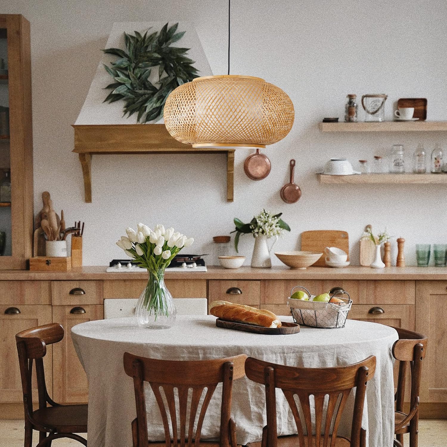 Bamboo Pendant Light Basket Weave Hanging Light, 1 Light Elegant Rattan Chandelier for Kitchen Island Nursery (15")