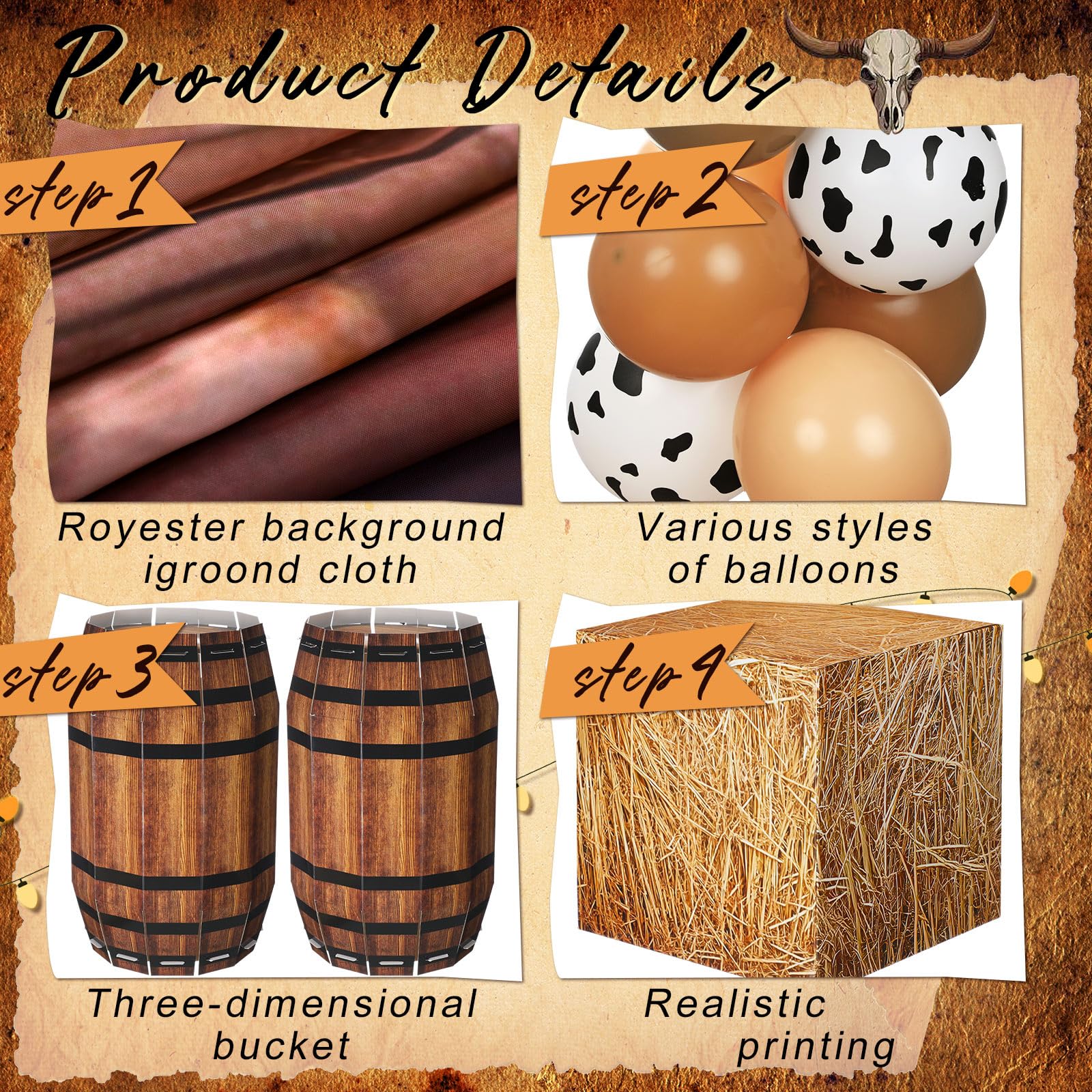 Threan 72pcs Bale Scatole Decorazione Western Cowboy Party Tridimensionale Barile di Legno Palloncino Western Cowboy Sfondo Grande Partito Sfondo Tema Festa di Compleanno Fotografia Puntelli