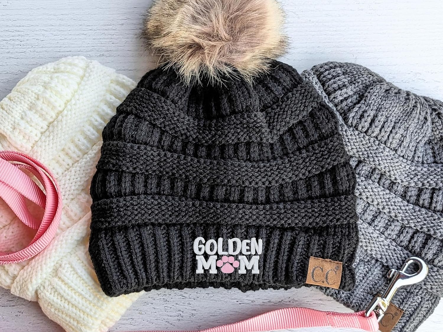 Women's Custom Golden Retriever Dog Mom or Mama Beanie, Cute Embroidered Sewn Fall Winter Hat Cap Toque, Clothing Gift Present for Owner Wife Friend Sister Daughter Birthday Christmas Dark Grey