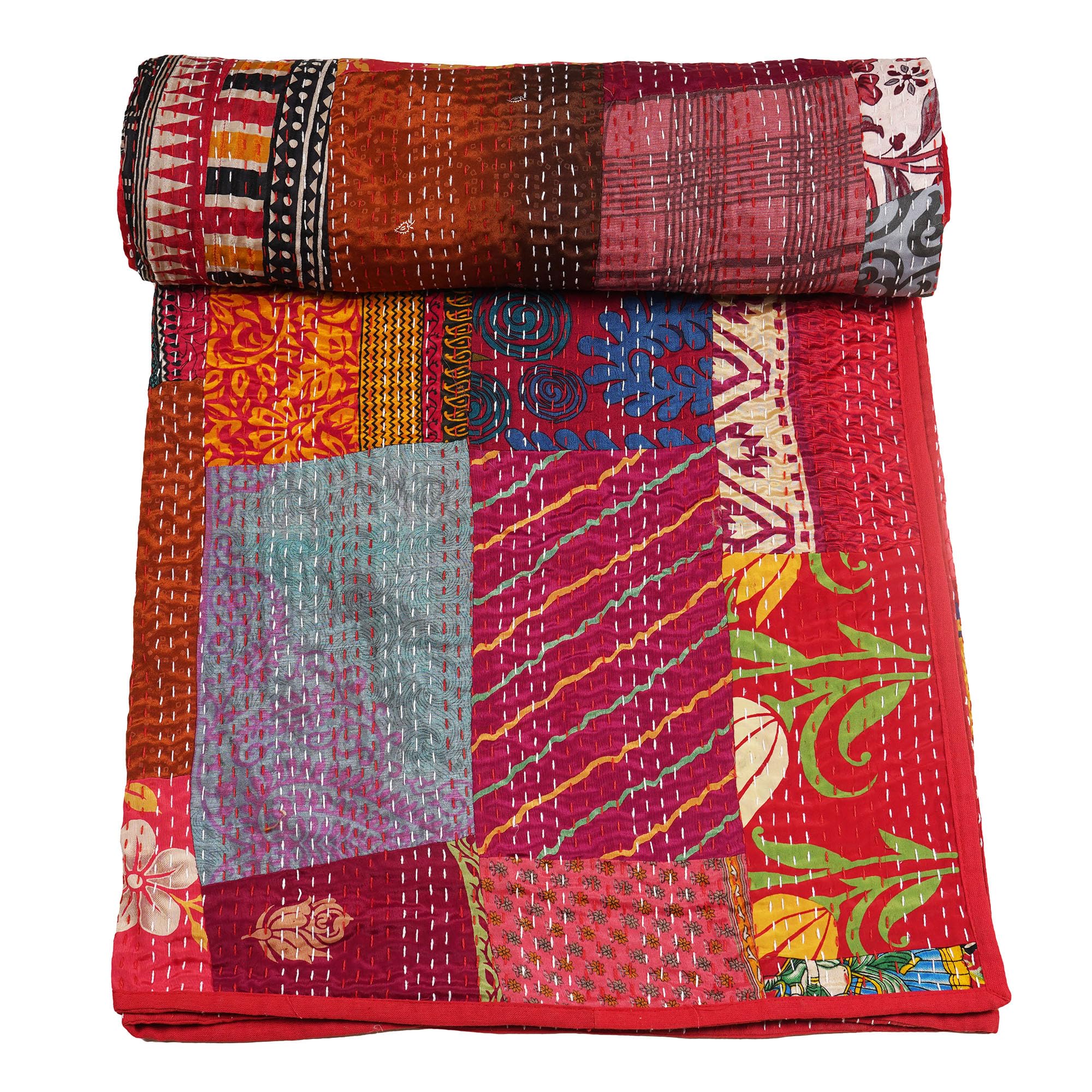 Handmade Indian Kantha Quilt - Cotton Patchwork Bedspread With Pillow Cover