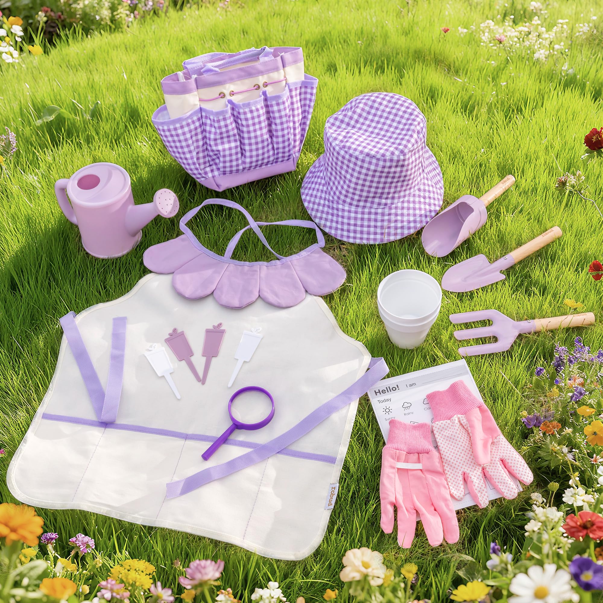 ROBUD Set da giardinaggio per bambini, 17 pezzi, con annaffiatoio per bambini, grembiule, forchetta e pala da giardino, paletta cilindrica, guanti da giardinaggio e borsa tote, giocattoli da giardino
