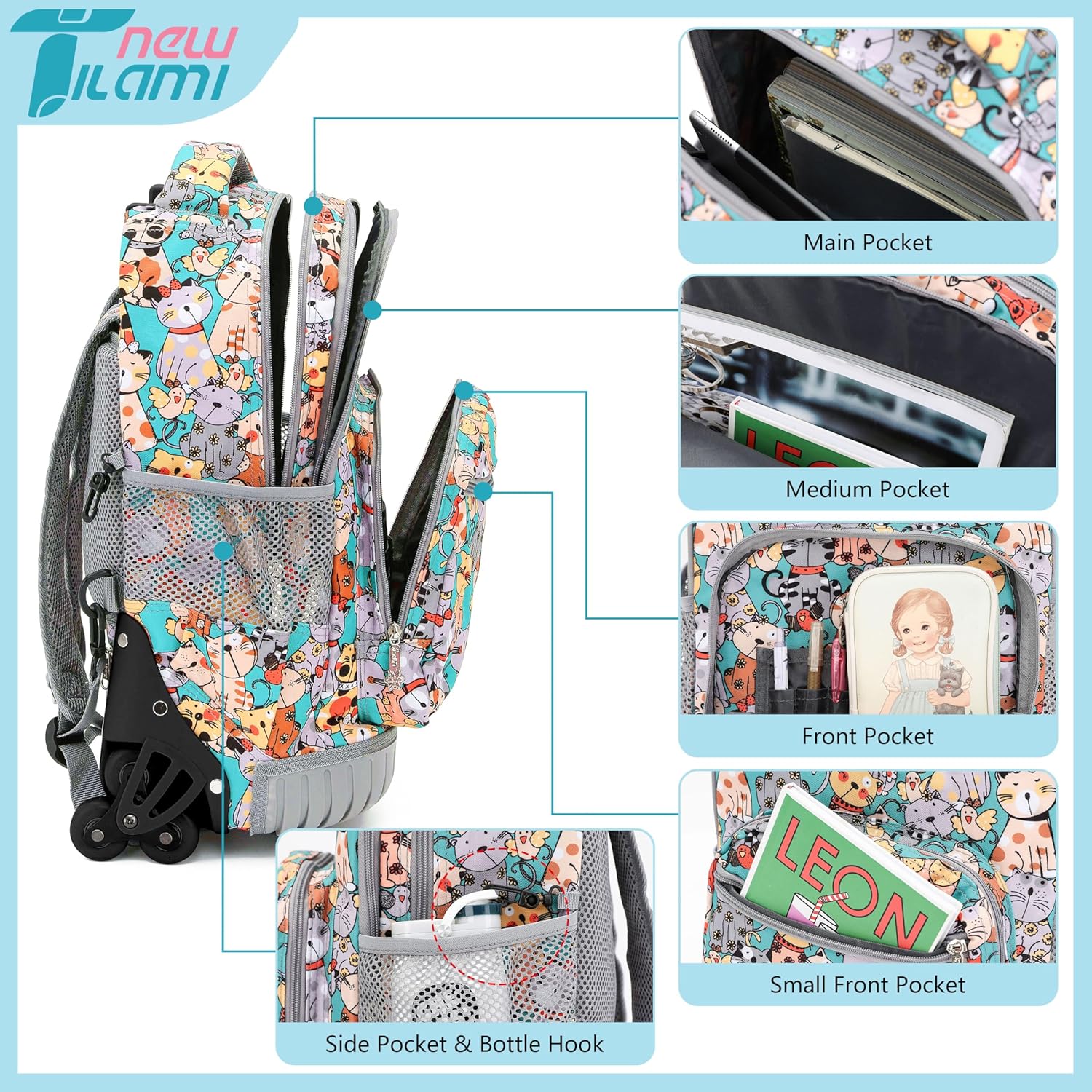 NEW TILAMI Rolling Backpack for Boy Suitcase School Adjustable Laptop Backpack with Wheels for Girl to School Travel Camping Boys Backpack Cute Cats 18 Inches - Image 3