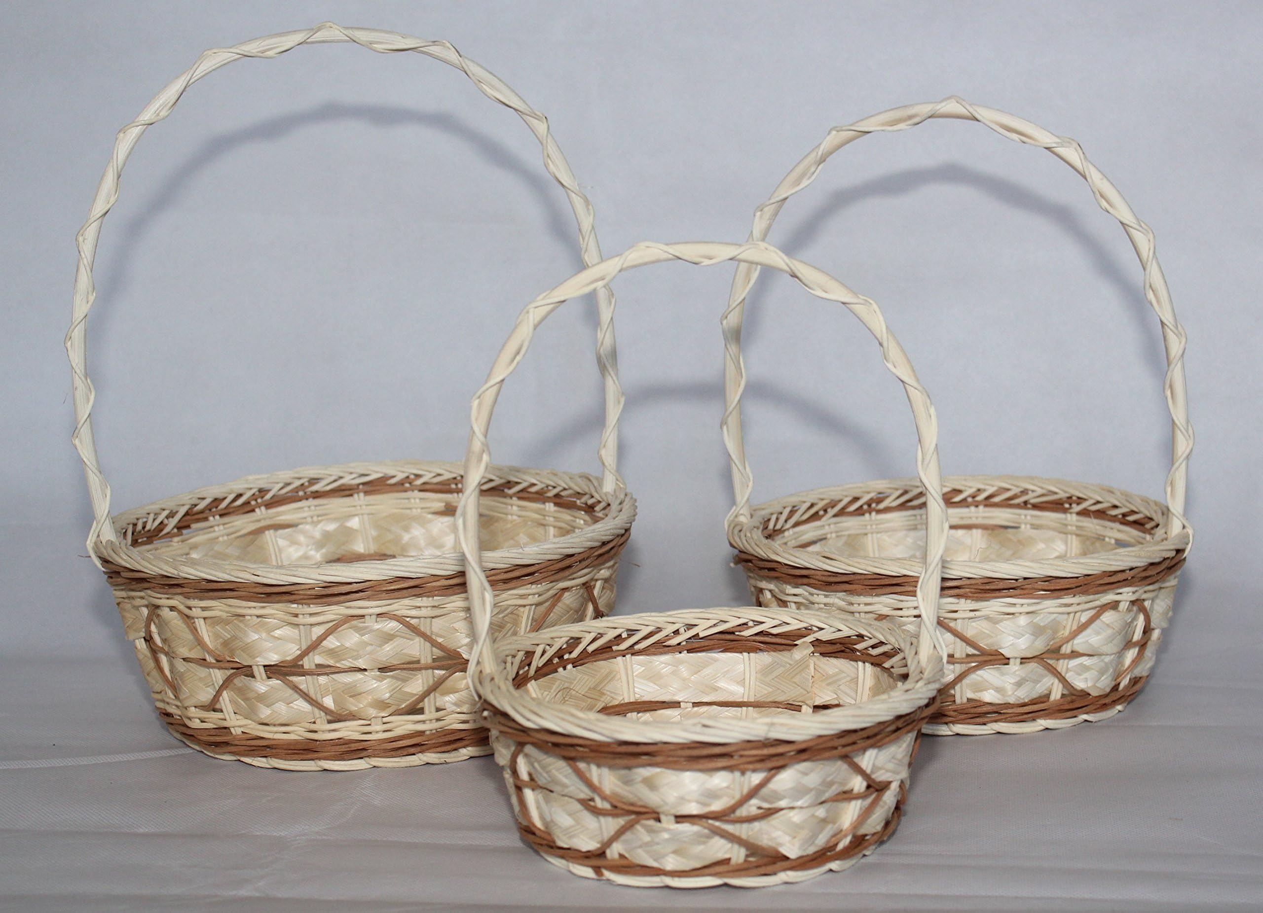 RT410546BR-3: WICKER/RATTAN FLOWER BASKETS OR EASTER BASKETS OR GIFT BASKETS IN BROWN ON CREAM DESIGNS