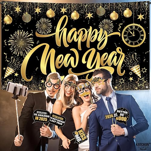 Miniatura 4 de KatchOn, Suministros para fiesta de Año Nuevo 2024, juego de 48  Cartel de feliz año nuevo negro y dorado, accesorios para fotos de Año Nuevo,