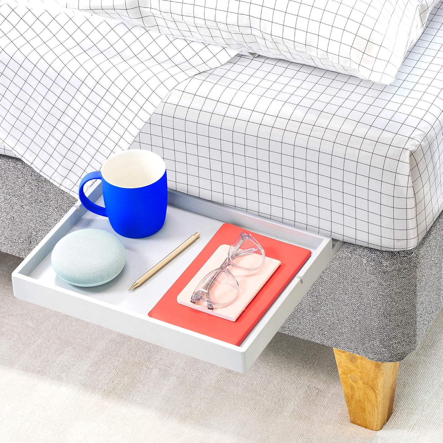 Bedshelfie Bedside Shelf for Bunk Bed & Top Bunk, College Dorm Room Essentials, Loft Bed Accessories, Clip On Nightstand Organizer, Floating Bed Side Table Tray Shelfie Storage - Light Grey Wood Slide