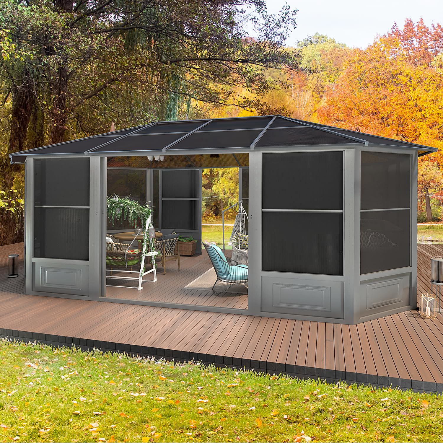 EROMMY 12' x 18' Sunroom, Solarium Gazebo with Aluminum Frame and Polycarbonate Roof, Outdoor Permanent Sun Room with Moveable PVC Screen and Sliding Door for Garden, Patio, Deck, Lawns