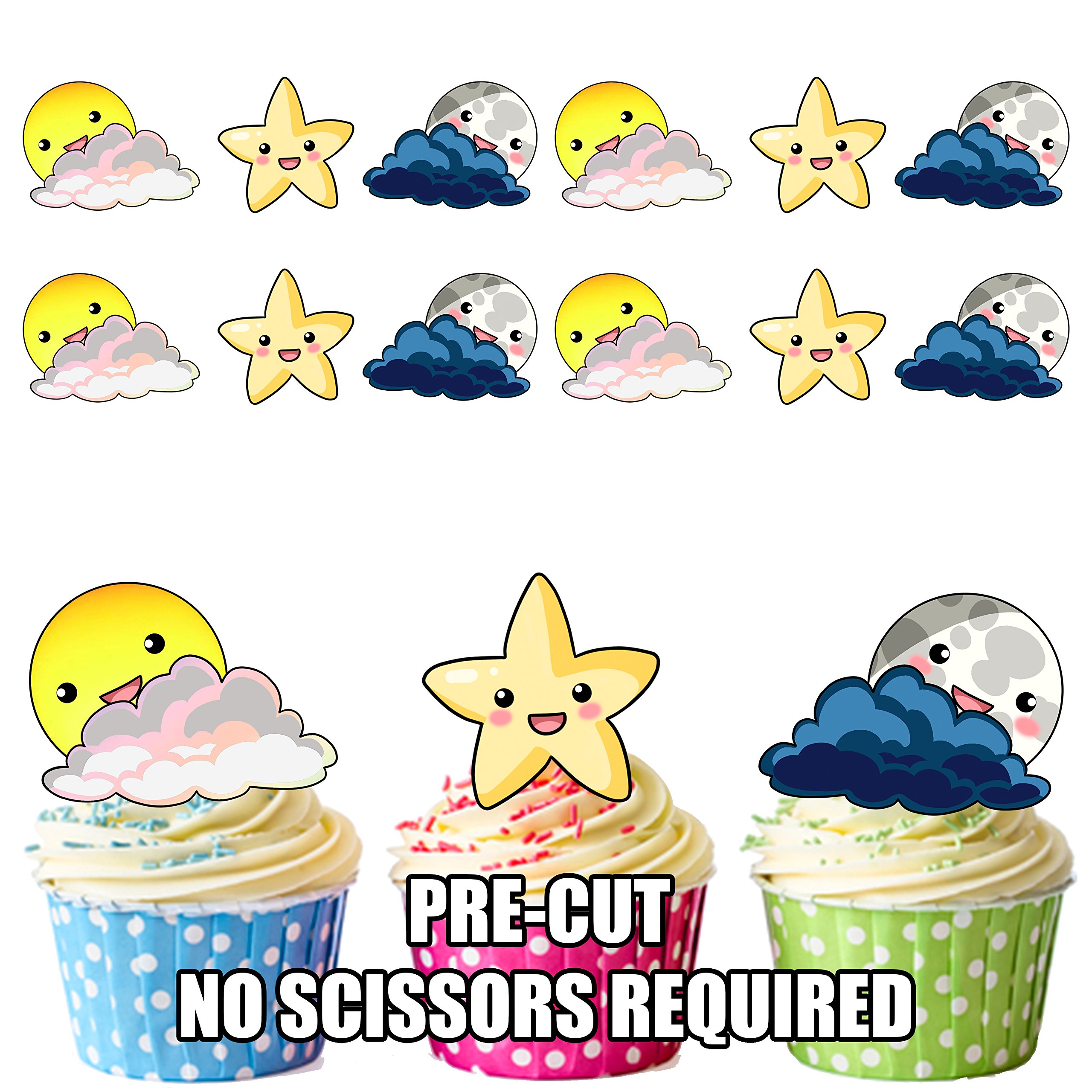 AK Giftshop PRE-CUT Sun, Moon & Stars - Edible Cupcake Toppers/Cake Decorations (Pack of 12)