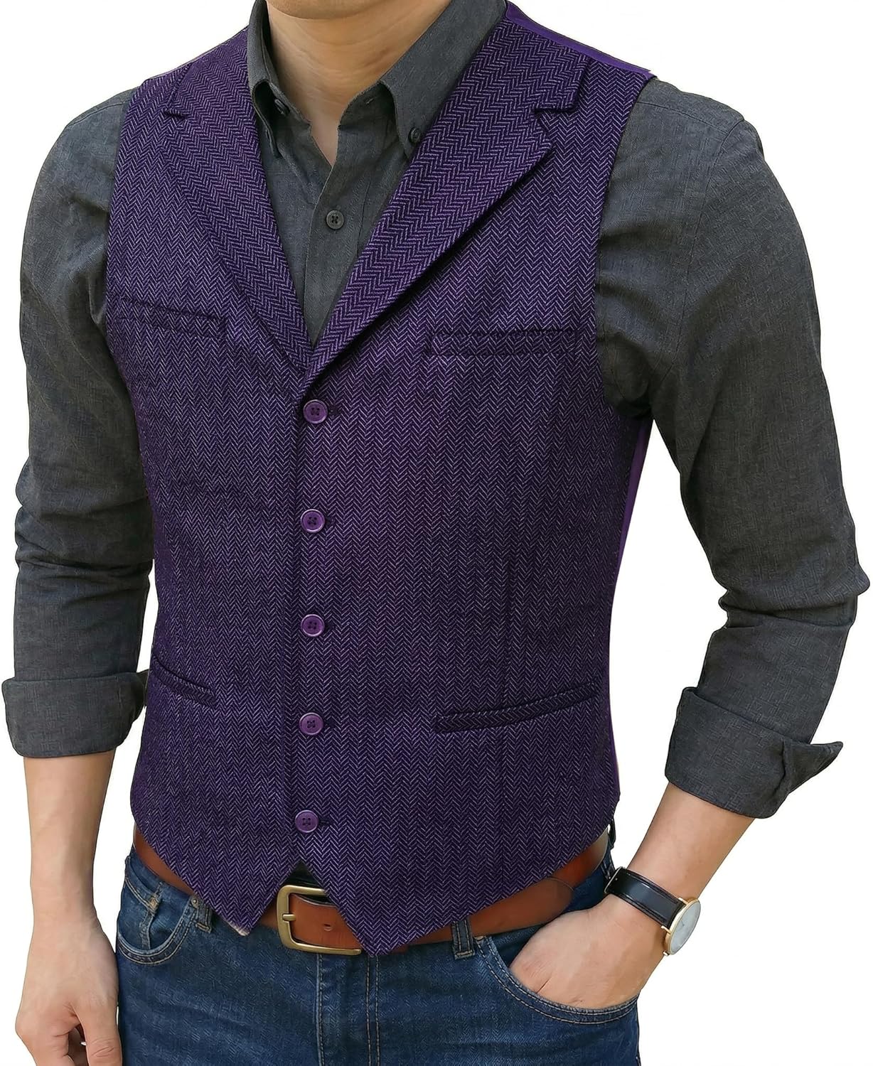 Barry.Wang Mens Suit Vest tweed Herringbone Notched Lapel Formal Business Waistcoat for Wedding Party