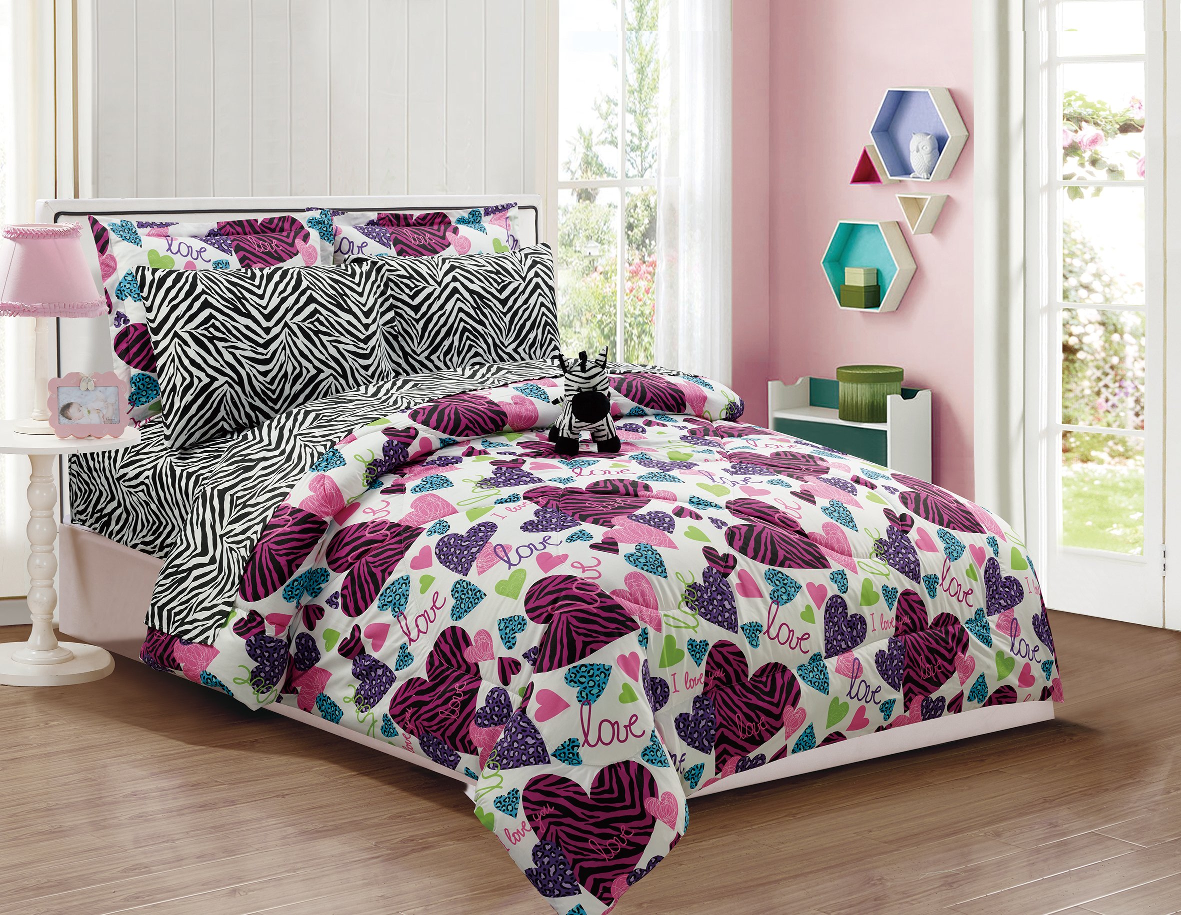 Dziewczęca pościel dla dzieci - misty zebra, tween Teen Dream Bed w torbie. Zestaw pościeli w rozmiarze queen size, zestaw pościeli i pluszowa poduszka zebra w zestawie - miłość, gorący róż - turkusowy niebieski, fioletowy, czarno-biały