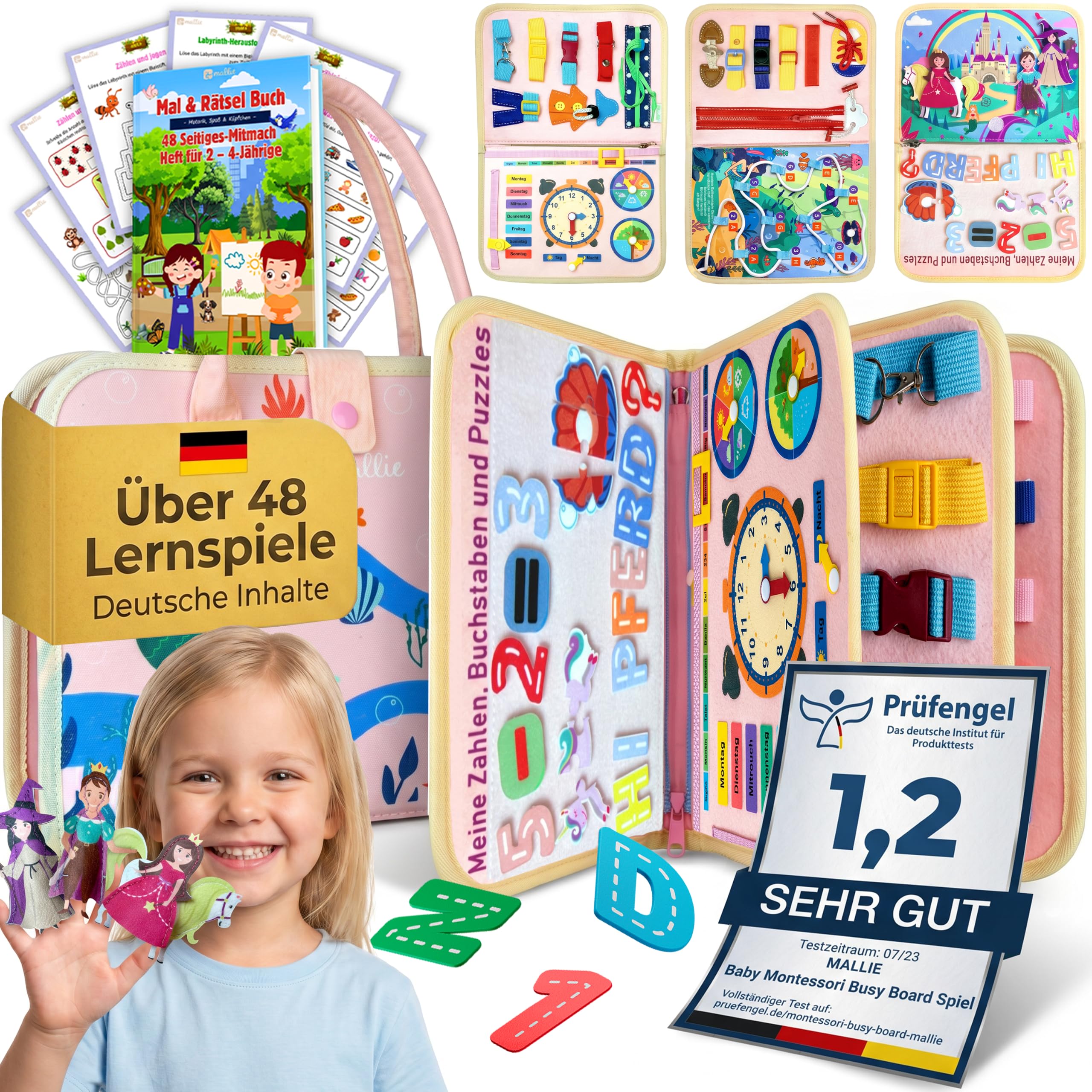 Mallie® Montessori Busy Board ab 1 2 3 4 Jahren inkl. Gratis Mal & Rätsel 48-Seiten Heft mit Rollenspiel-Set & Fingerpuppen Lernbuch - Feinmotorik & Konzentration Quiet Book, Activity Board Quiet Book