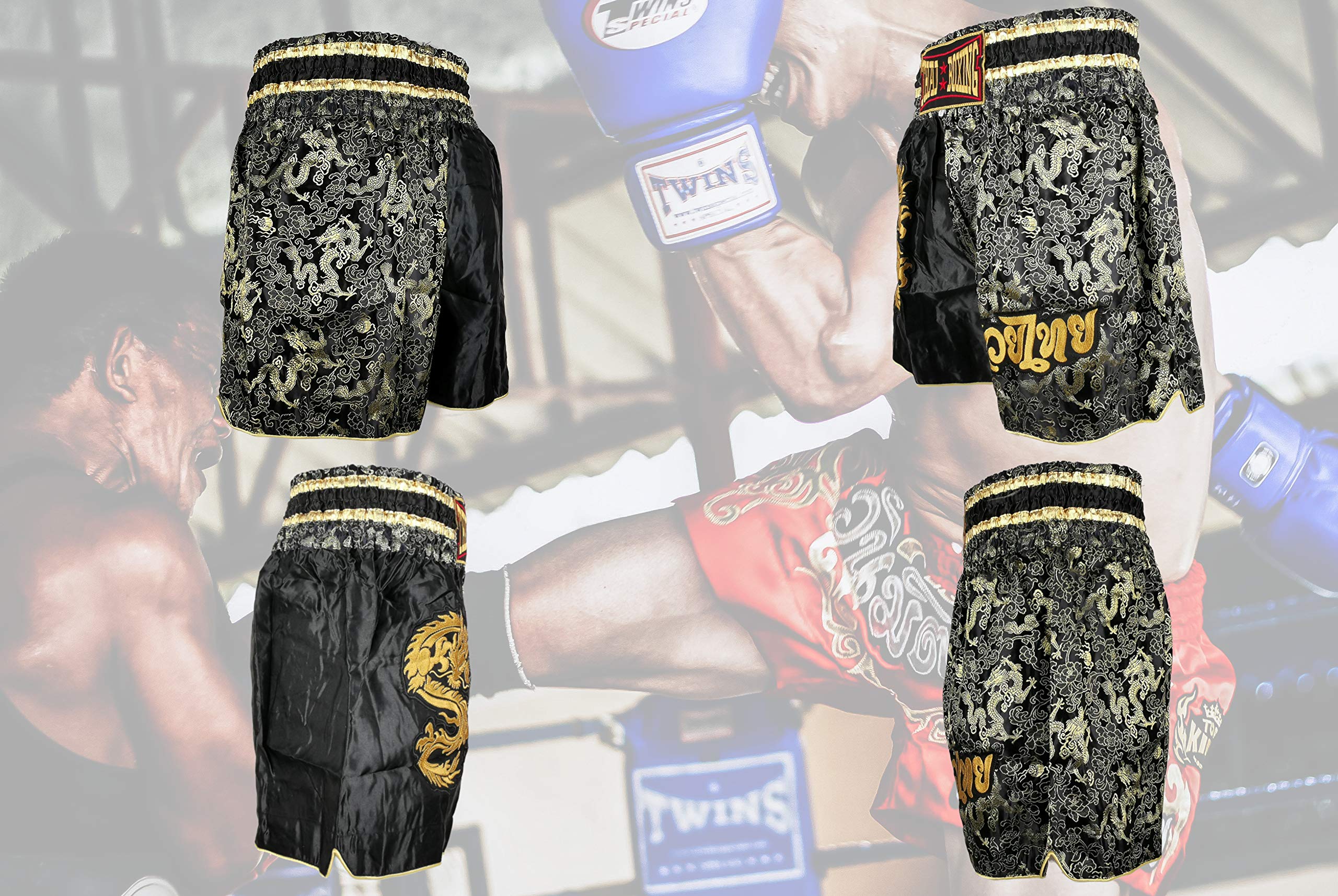 Kurop - Pantalones cortos de boxeo para Muay Thai - Negro - X-Large