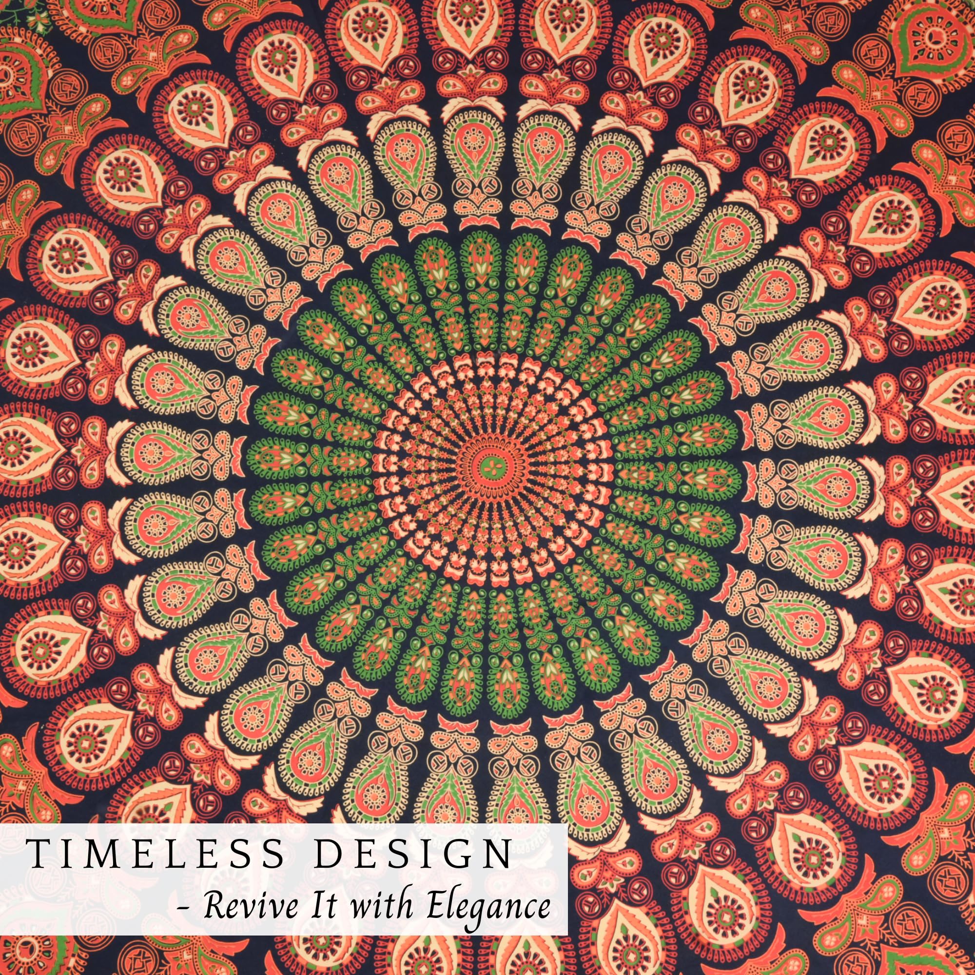 Tapisserie Mandala Paon 183 Cm Vert Doré Ronde - Nappe Hippie Bohème En Coton, Décoration Murale